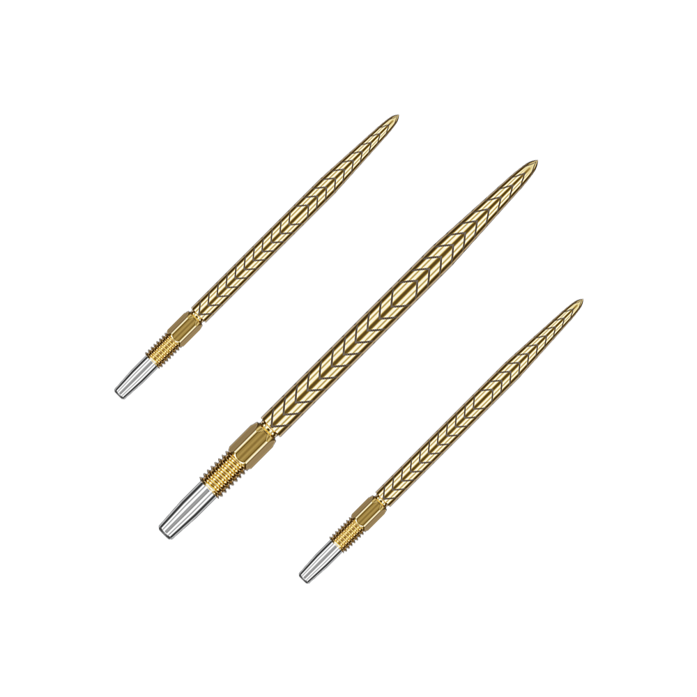 Target Swiss Point RVE Dartspitzen - Gold Das Bild zeigt drei goldene Dartspitzen mit einem strukturierten Muster. Sie sind länglich geformt und haben am Ende eine silberne Befestigung.