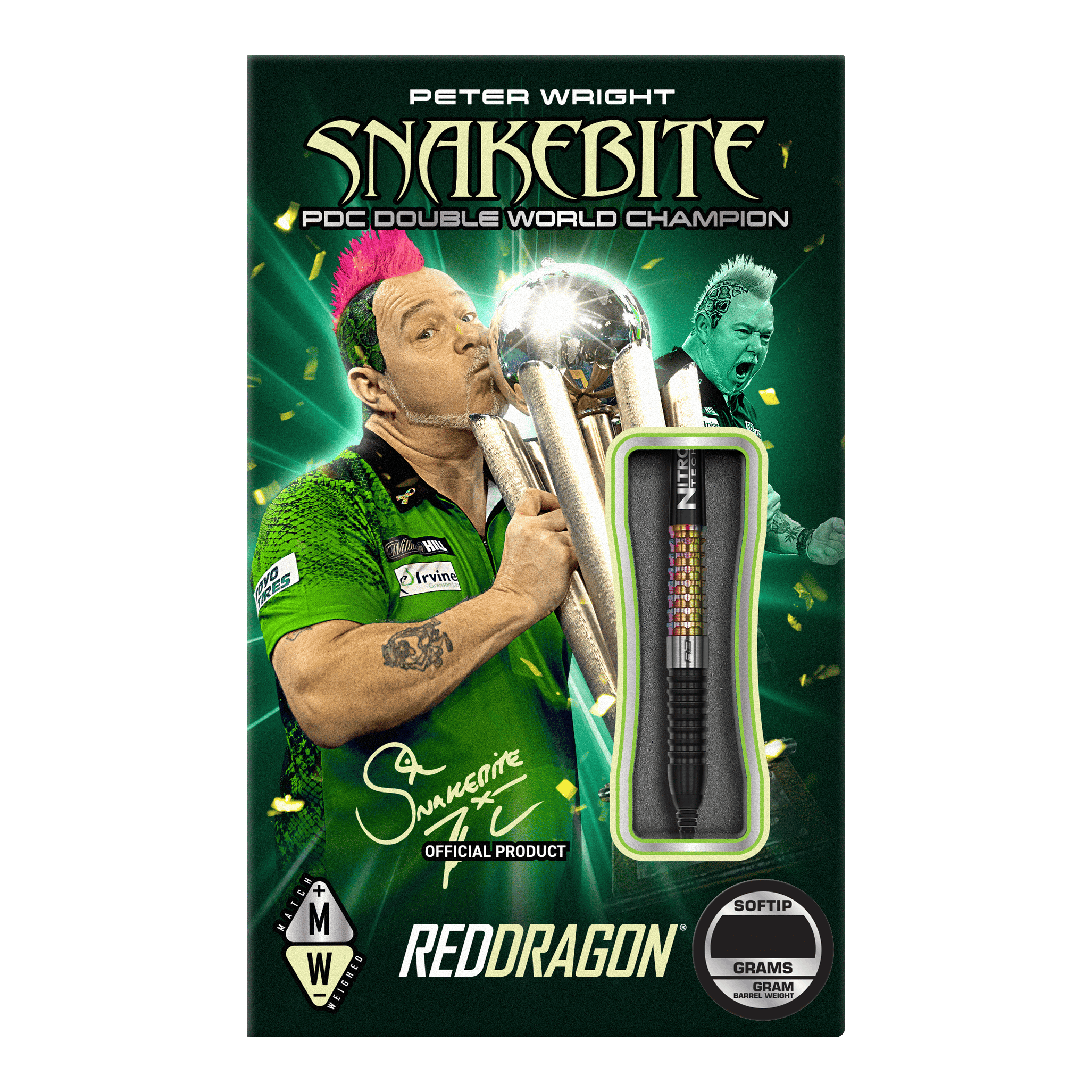 Auf der Verpackung ist der Dartspieler Peter Wright mit einer Trophäe abgebildet. Das Produkt sind die "Red Dragon Peter Wright Corra Softdarts - 18g" mit Softspitze.