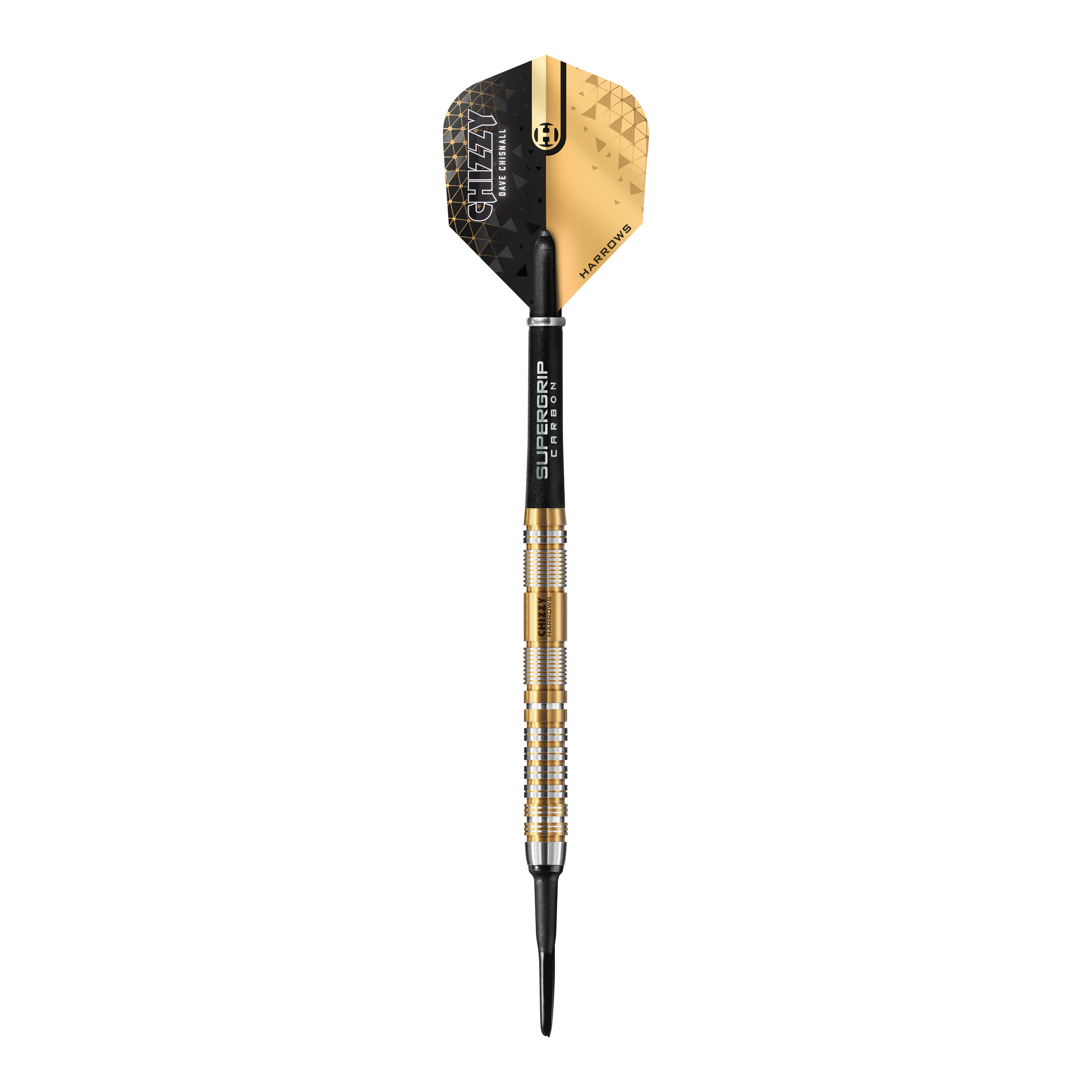 Harrows Dave Chisnall Chizzy Series 2 Softdarts Das Bild zeigt einen Harrows Dave Chisnall Chizzy Series 2 Softdart. Der Dart hat ein modernes schwarzes und goldenes Design mit silbernen und goldenen Ringen am Barrel.