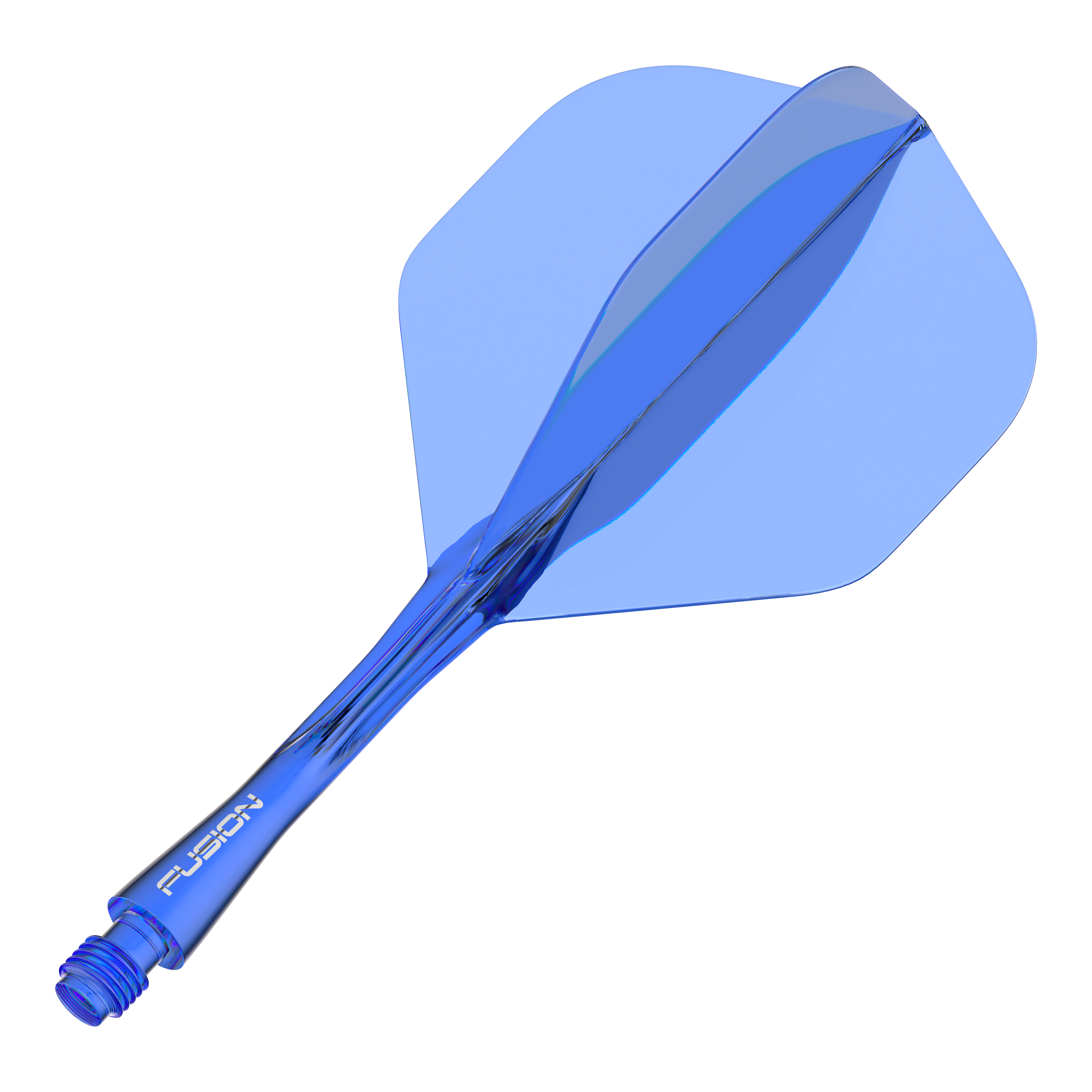 Das Bild zeigt ein blaues Dartflight- und Shafts-System. Es handelt sich um das Winmau Fusion Flight Shaft System in einer Standardform.
