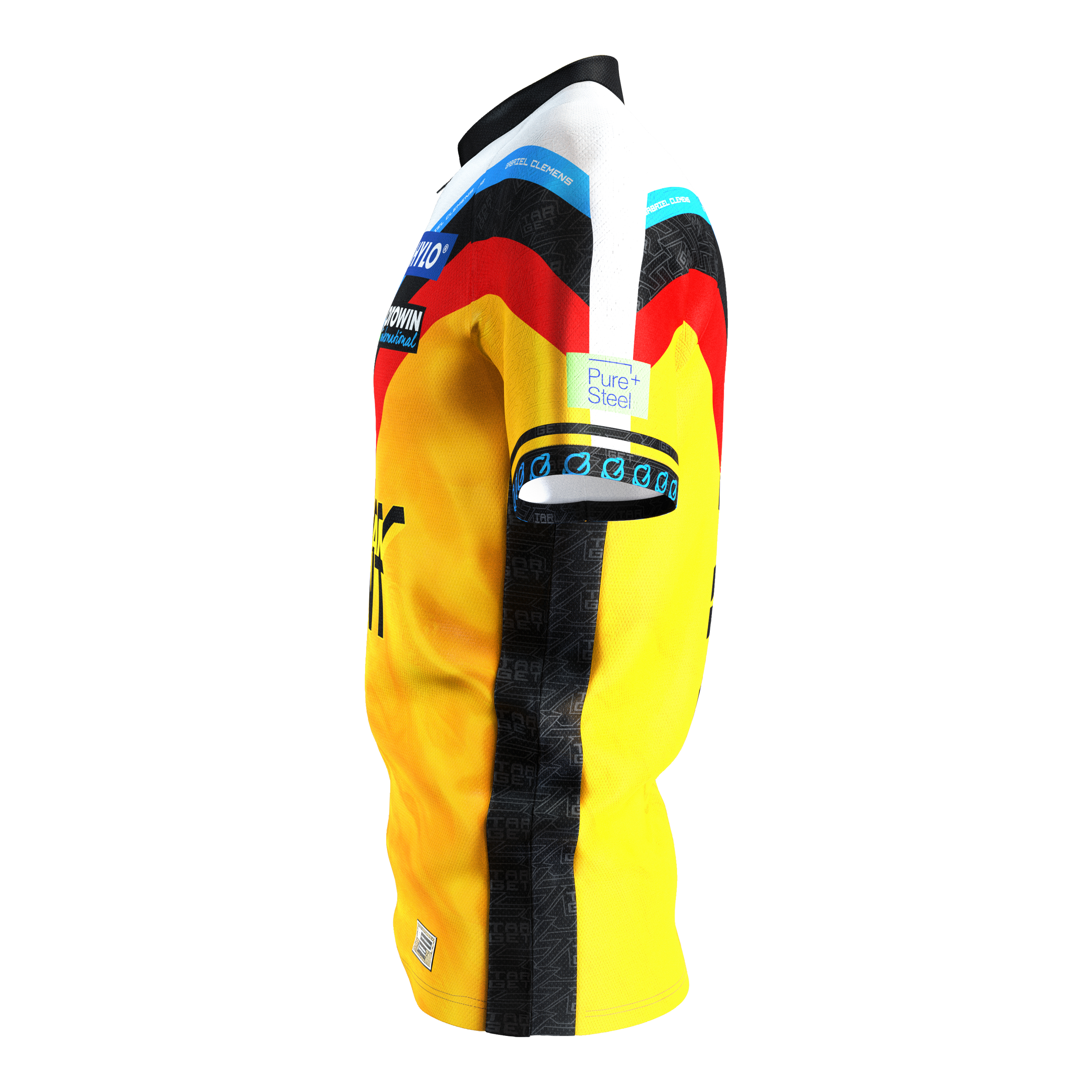Target Coolplay Gabriel Clemens 2025 Dartshirt Das Bild zeigt das Target Coolplay Gabriel Clemens 2025 Dartshirt. Das Shirt ist überwiegend gelb mit schwarzen und roten Akzenten sowie Sponsorenlogos.