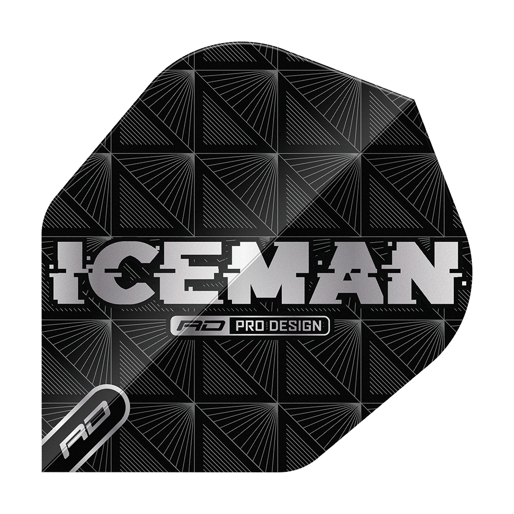 Das Bild zeigt ein schwarzes Dart-Flight mit geometrischem Muster und der Aufschrift "ICEMAN" in silbernen Buchstaben. Darunter steht "RD Pro Design" und unten links ist ein kleines "RD"-Logo zu sehen.