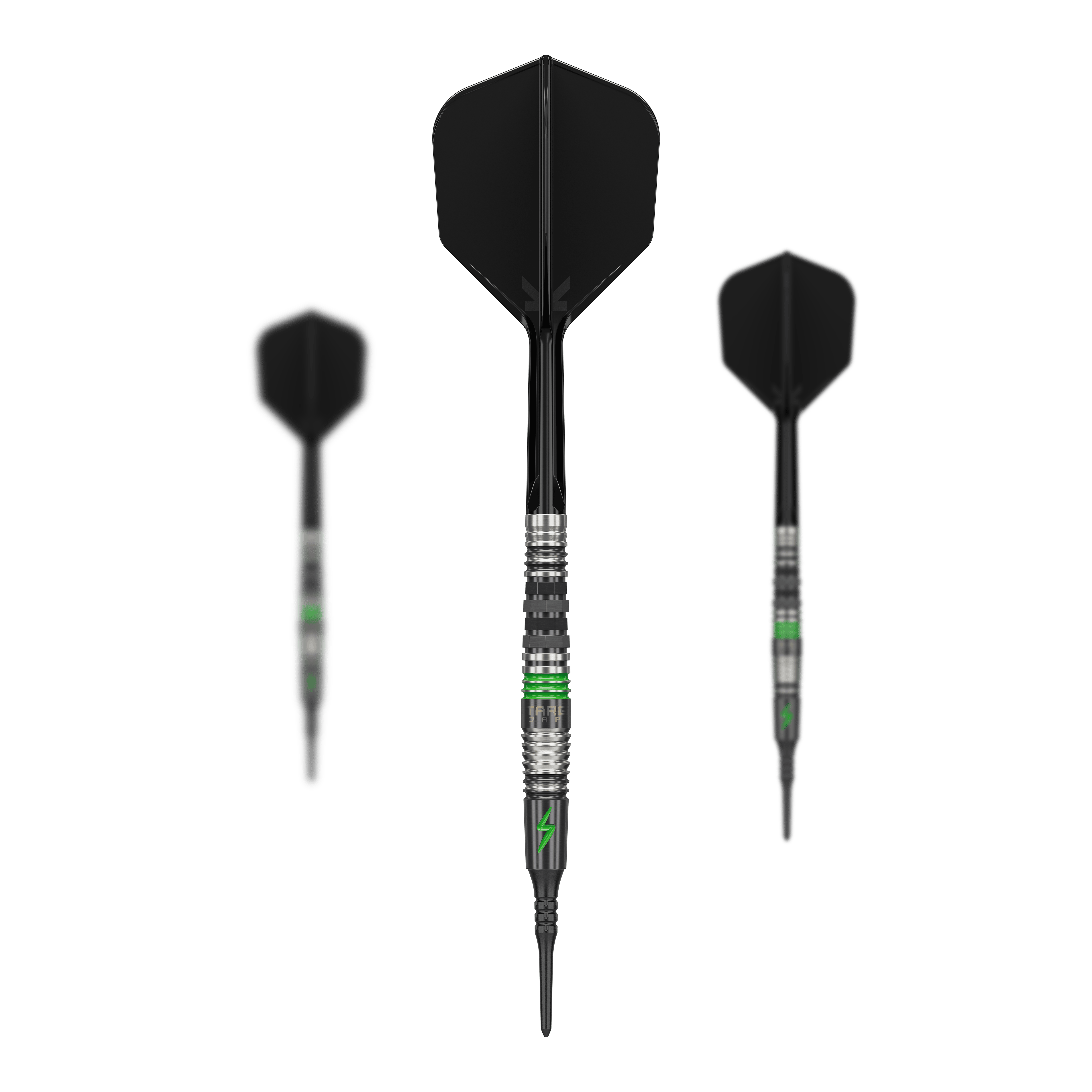 Das Bild zeigt drei Softdarts des Modells "Target Japan Black Marque Lightning 3" mit einem Gewicht von 19g. Die Darts sind schwarz-silbern mit grünen Akzenten gestaltet.