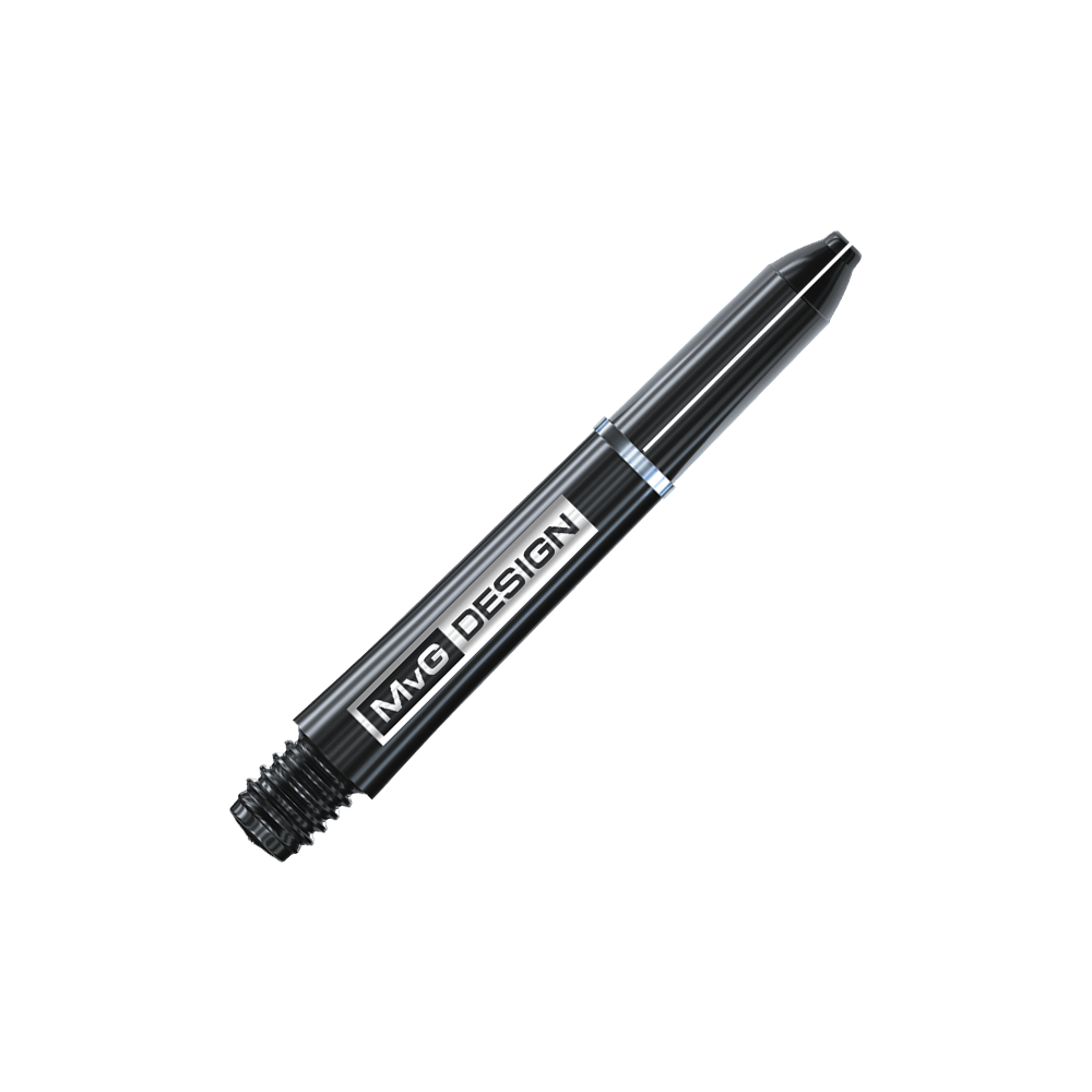7100_Winmau_MvG_Signature_Black_Nylon_Shafts_35mm_2 Das Bild zeigt einen schwarzen Dart-Schaft mit der Aufschrift "MvG DESIGN". Es handelt sich um den Winmau Nylon Ring Grip MvG Design Black Shaft.