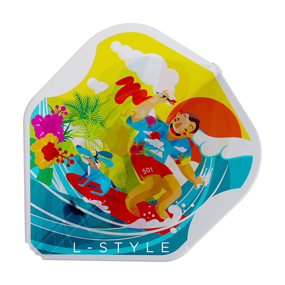 Das Bild zeigt ein farbenfrohes Dartflight mit einem Surfer-Motiv, Blumen und Sonne. Unten ist der Schriftzug "L-STYLE" zu sehen.