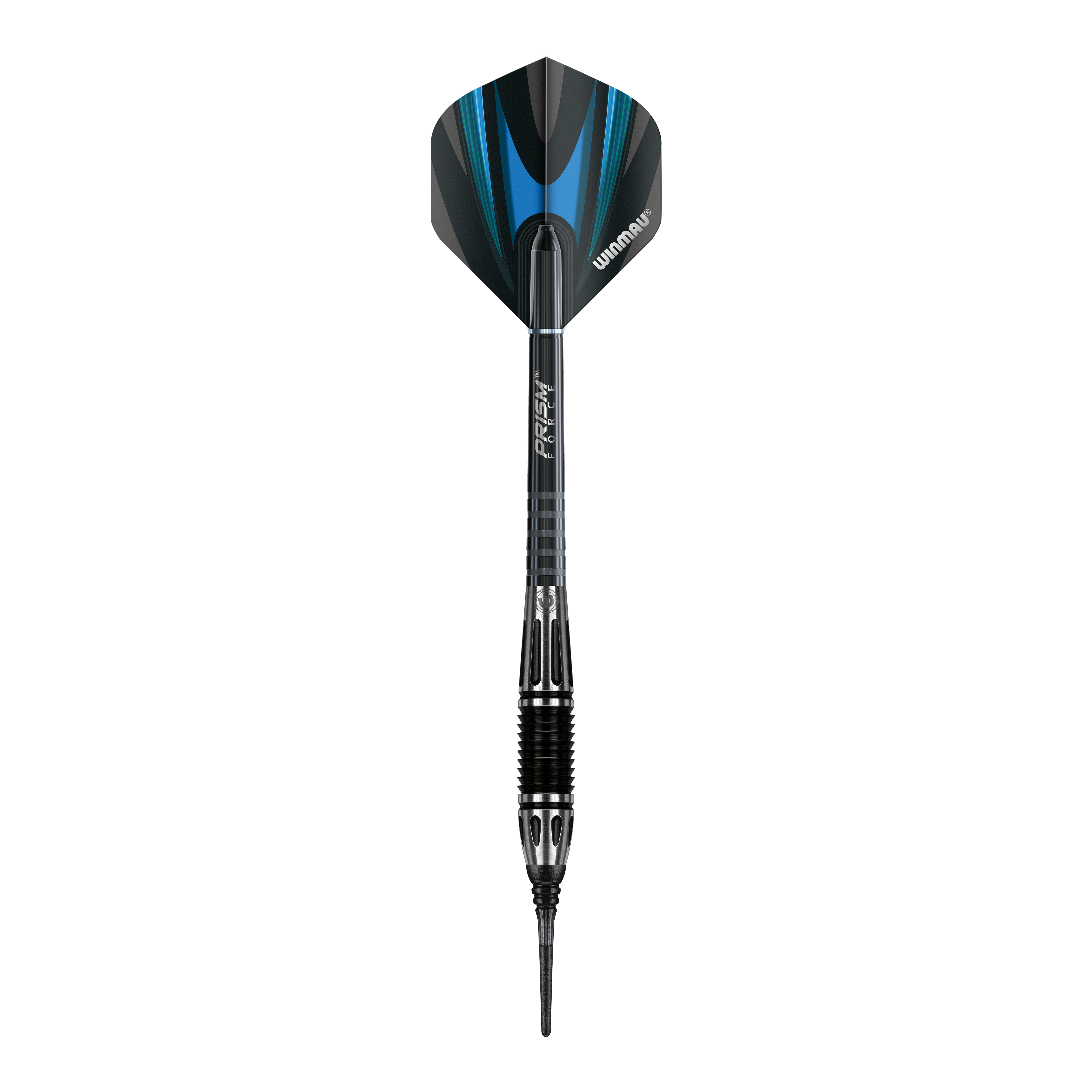 Das Bild zeigt einen Winmau Majestic Softdart. Der Dart hat ein schwarzes Design mit blauen und silbernen Akzenten.