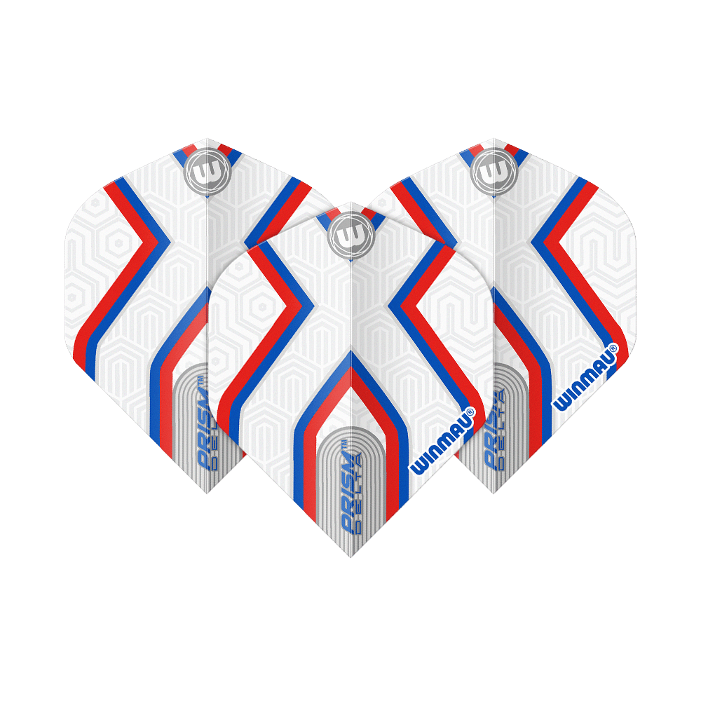 Winmau Prism Delta Epix No2 Standard Flights Das Bild zeigt drei Dartflights des Produkts "Winmau Prism Delta Epix No2 Standard Flights". Die Flights sind weiß mit roten und blauen Streifen sowie geometrischem Muster gestaltet.