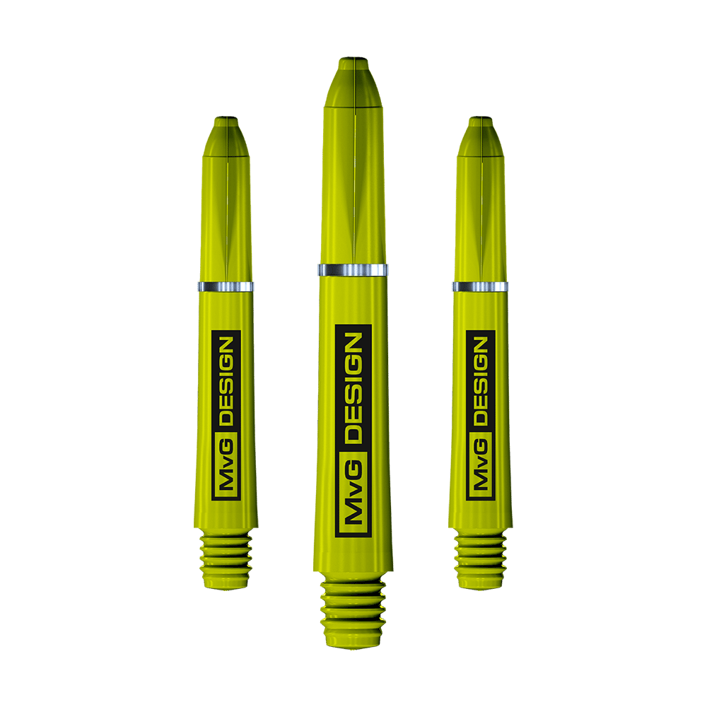 Das Bild zeigt drei Winmau Nylon Ring Grip MvG Design Shafts in leuchtendem Gelb. Auf jedem Schaft steht deutlich „MvG DESIGN“ geschrieben.