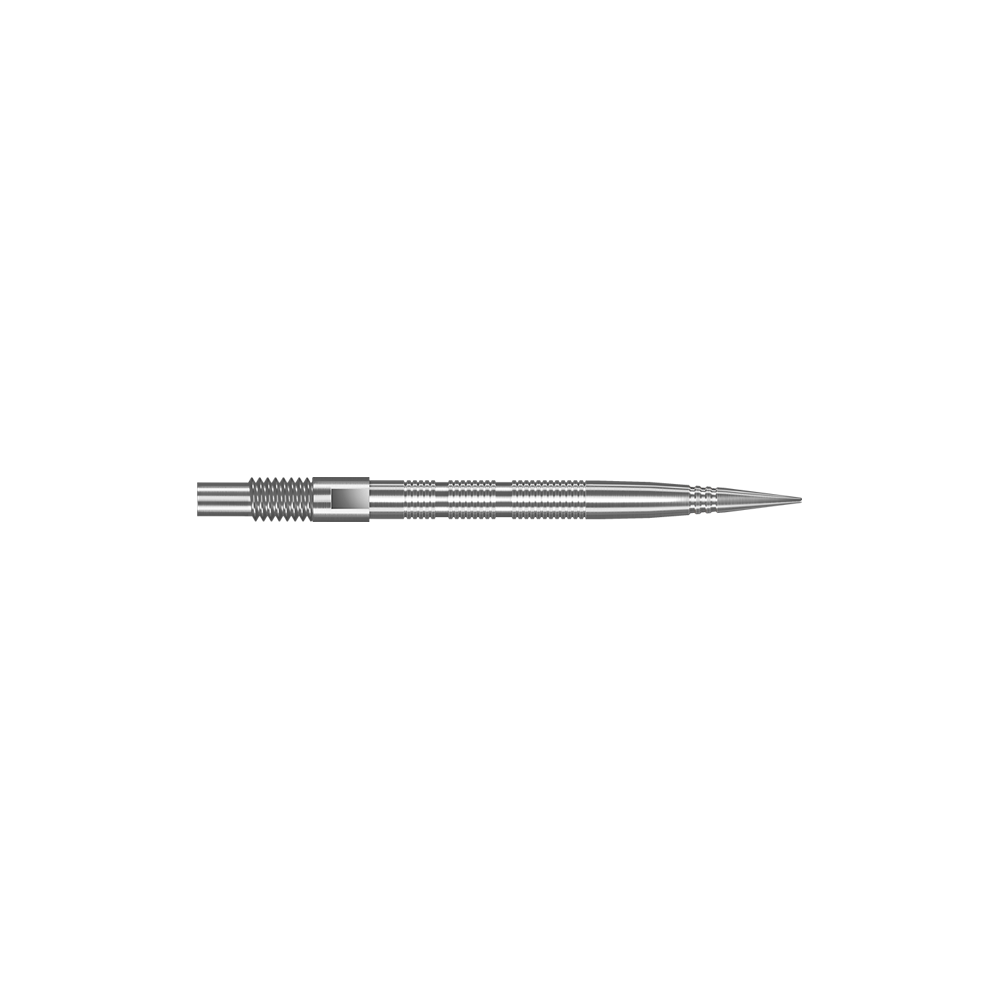 Das Bild zeigt Dartspitzen mit MicroRidge Struktur in Silber mit einer Länge von 26 mm. Die Dartspitzen sind nebeneinander angeordnet.