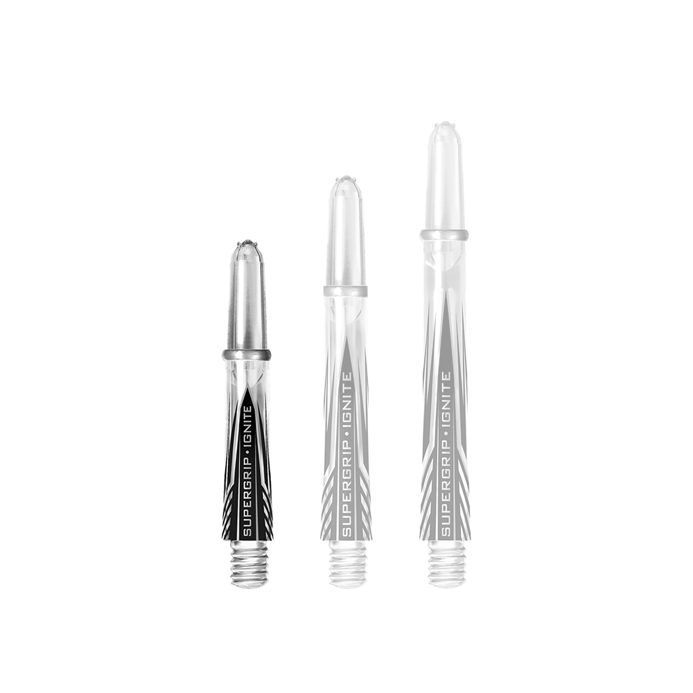 Das Bild zeigt drei klare Harrows Supergrip Ignite Shafts in unterschiedlichen Längen. Die Shafts haben ein transparentes Design mit schwarzen Akzenten und der Aufschrift "SUPERGRIP IGNiTE".
