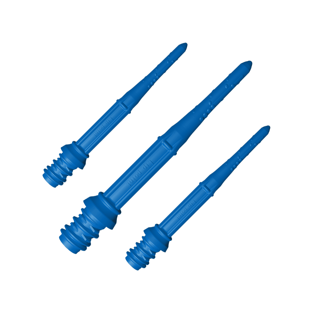 Das Bild zeigt drei blaue Softdartspitzen in einer Nahaufnahme. Sie sind gleichmäßig angeordnet und deutlich zu erkennen.