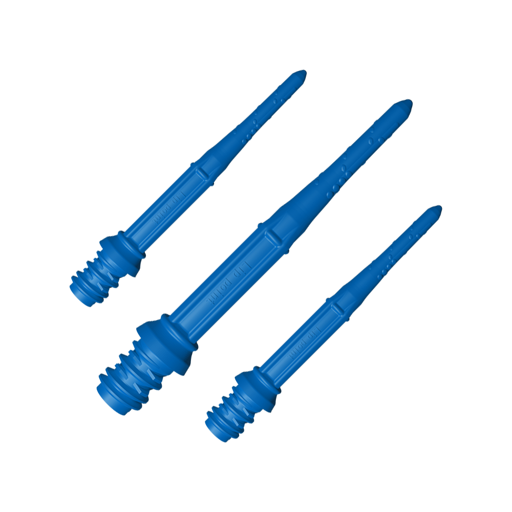 LIP44_L-Style_Premium_Lippoints_30_Softdartspitzen_30erPack_Blau_1 Das Bild zeigt drei blaue Softdartspitzen in einer Nahaufnahme. Sie sind gleichmäßig angeordnet und deutlich zu erkennen.