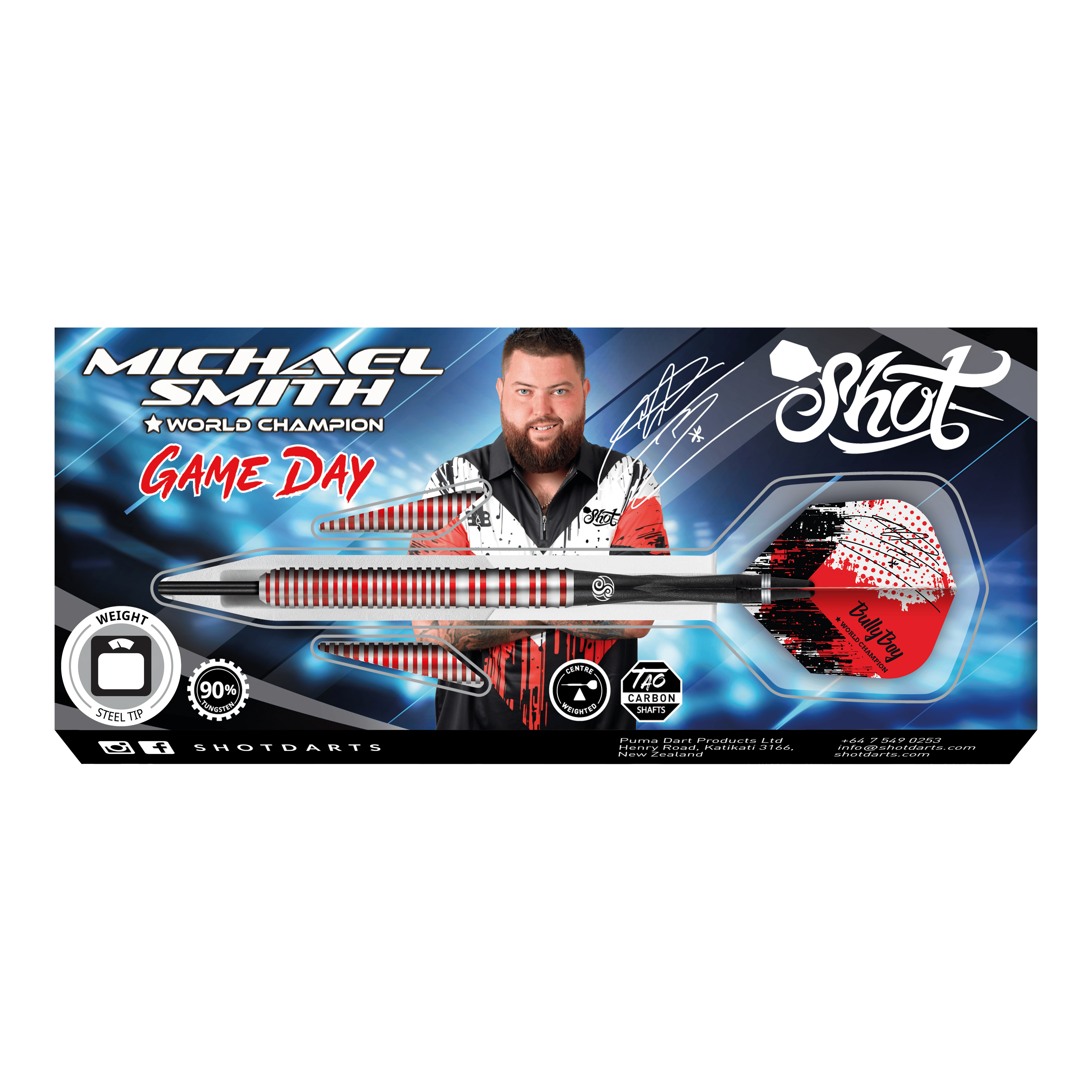 Das Bild zeigt die Verpackung der "Shot Michael Smith Bully Boy Game Day Steeldarts". Auf der Verpackung ist der Dartspieler Michael Smith abgebildet sowie ein Dartpfeil mit auffälligem Design.