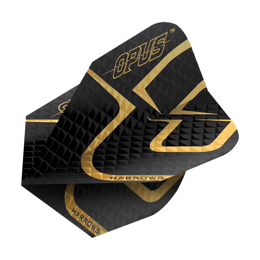 Harrows Opus Version 2 Flights Das Bild zeigt das Produkt "Harrows Opus Version 2 Flights". Die Flights sind überwiegend schwarz mit goldenen Akzenten und Aufschrift.