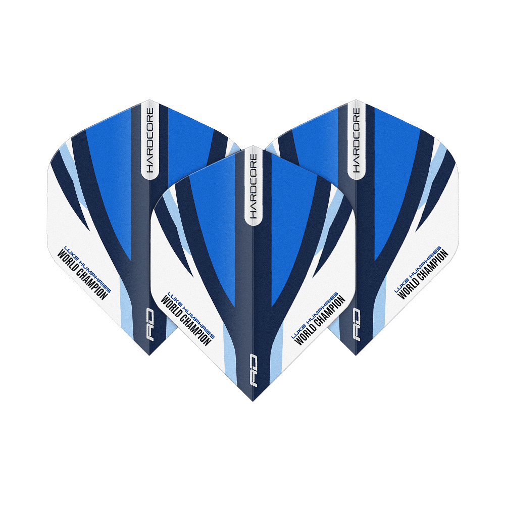 Das Bild zeigt drei Dartflights in Blau, Weiß und Schwarz mit der Aufschrift „HARDCORE“ und „Luke Humphries World Champion“. Es handelt sich um das Produkt „Red Dragon Hardcore Luke Humphries Blue White Standard Flights“.