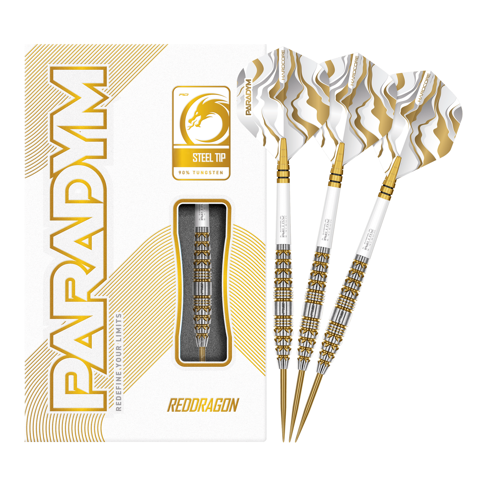 Red Dragon Paradym Gold Torpedo Steeldarts Das Bild zeigt die Red Dragon Paradym Gold Torpedo Steeldarts in vollständiger Ansicht. Es sind elegante Steeldarts mit goldener Oberfläche.