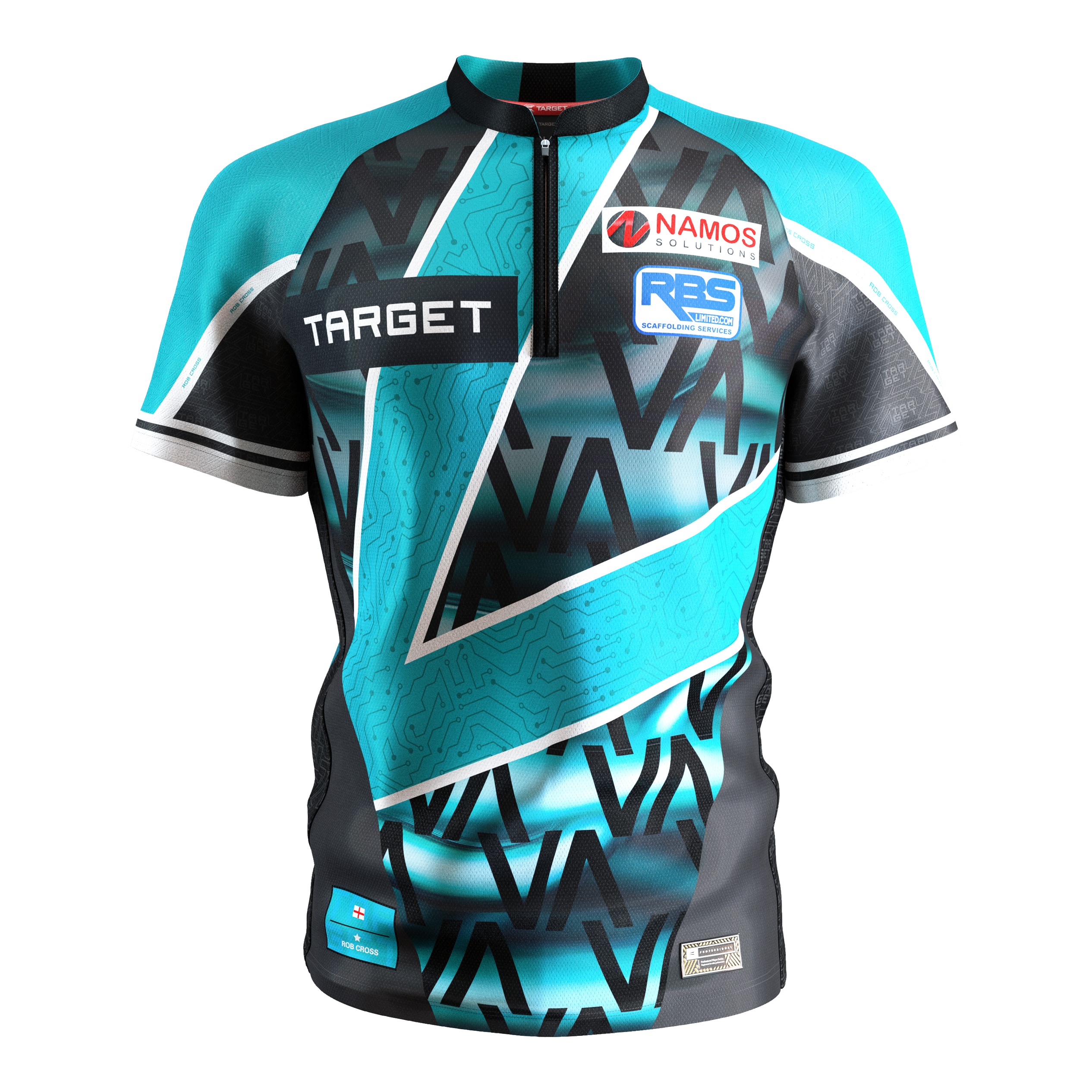 Target Coolplay Rob Cross 2025 Dartshirt Dies ist das Target Coolplay Rob Cross 2025 Dartshirt. Das Shirt hat ein modernes Design in Türkis, Schwarz und Weiß mit mehreren Sponsorenlogos auf der Vorderseite.