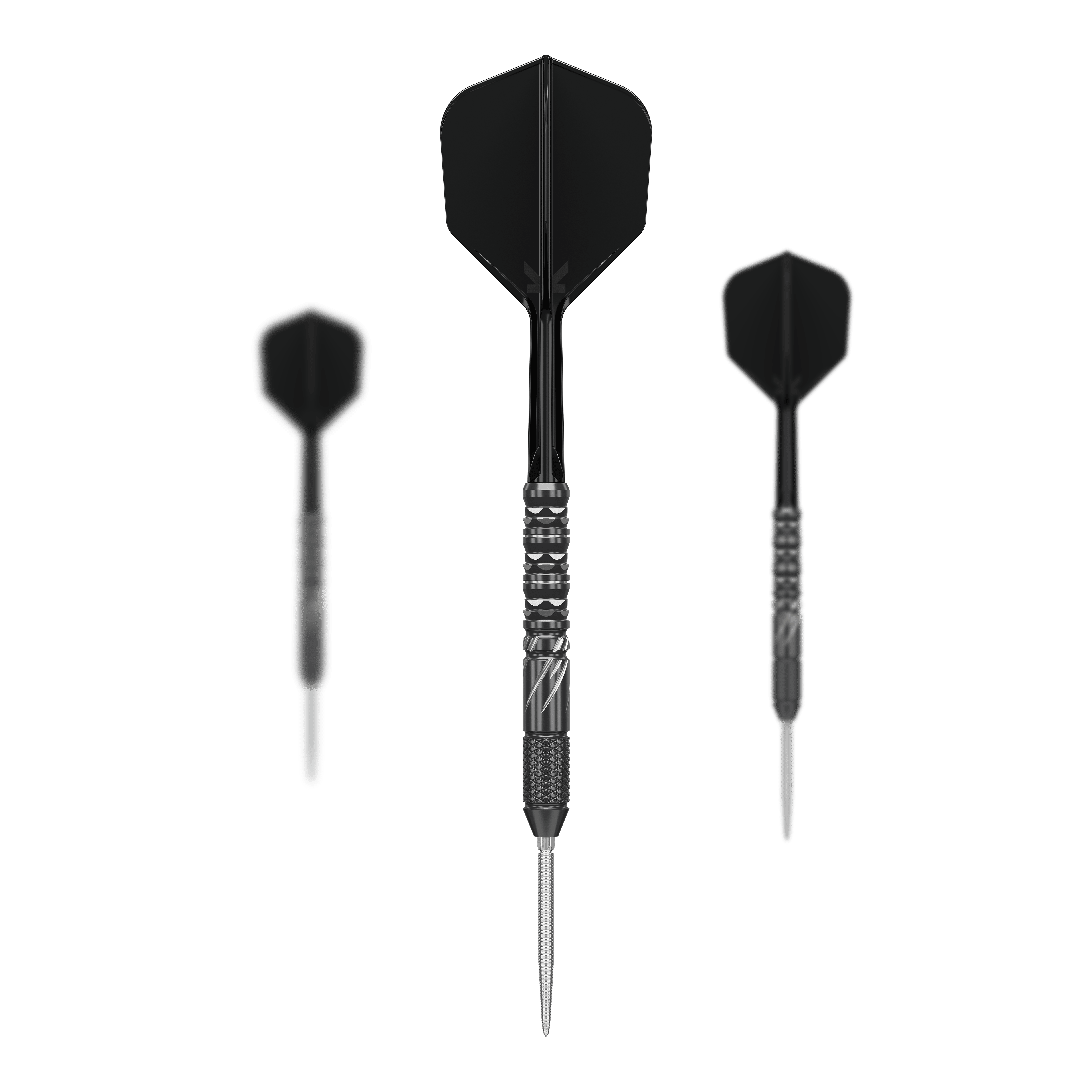 Das Bild zeigt drei schwarze Steeldarts der Marke "Target Japan Black Marque Draco Swiss Point". Die Darts haben eine auffällig strukturierte Griffzone und metallische Spitzen.
