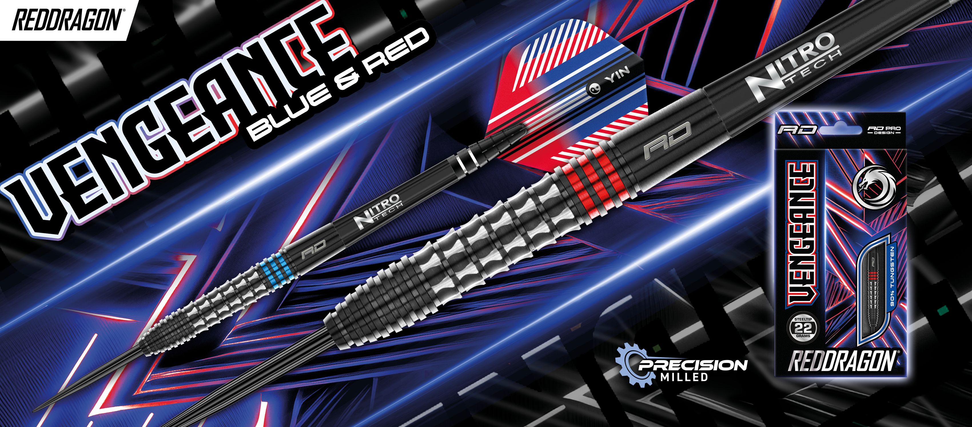 Das Bild zeigt zwei moderne Dartpfeile in Blau und Rot mit dem Schriftzug "Vengeance" und "RedDragon". Rechts ist außerdem eine Verpackung der Dartpfeile sowie ein Präzisionssiegel abgebildet.