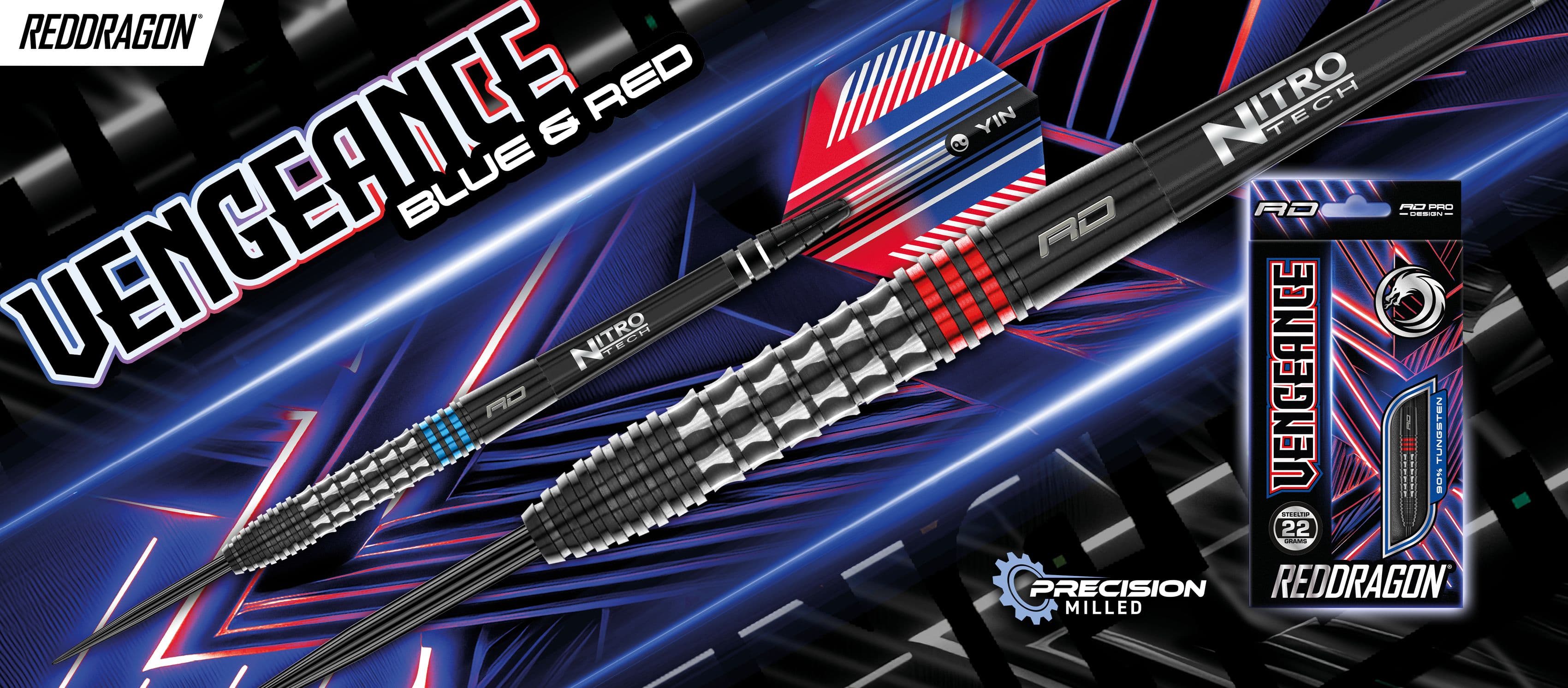 Das Bild zeigt zwei moderne Dartpfeile in Blau und Rot mit dem Schriftzug "Vengeance" und "RedDragon". Rechts ist außerdem eine Verpackung der Dartpfeile sowie ein Präzisionssiegel abgebildet.