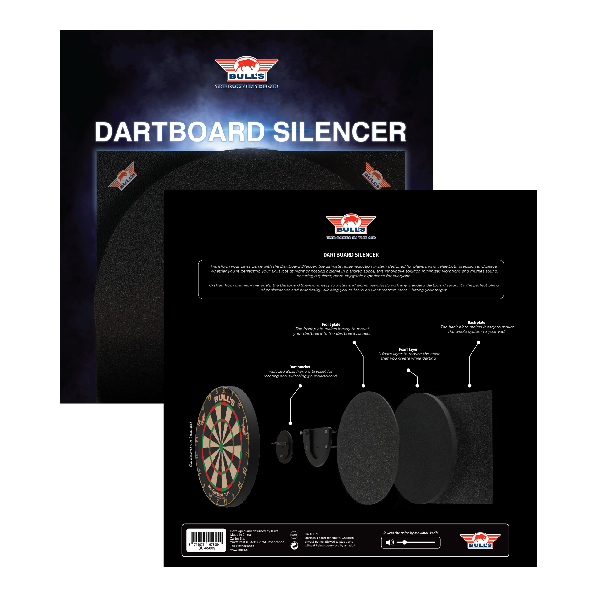 Bulls NL Dartboard Silencer Das Bild zeigt das Produkt "Bulls NL Dartboard Silencer" in seiner Verpackung. Auf der Rückseite ist eine Grafik abgebildet, die die einzelnen Komponenten und deren Funktionen erklärt.