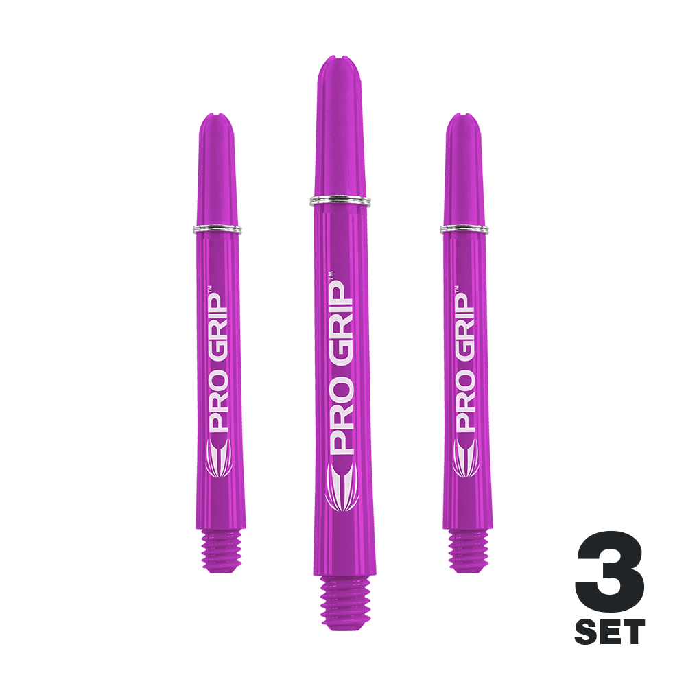 Target Pro Grip Shafts - 3 Sets - Lila Das Bild zeigt drei lila Dartschäfte der Marke "Pro Grip". In der rechten unteren Ecke steht "3 Set".