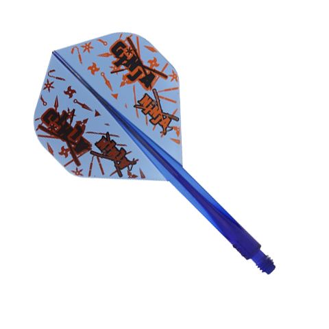 Das Bild zeigt einen blauen Dart-Flug mit Schaft, auf dem rote und schwarze Grafiken zu sehen sind. Es handelt sich um das Produkt "Condor Axe Ginja Ninja Matt Campbell Flight-Shaft - Standard".