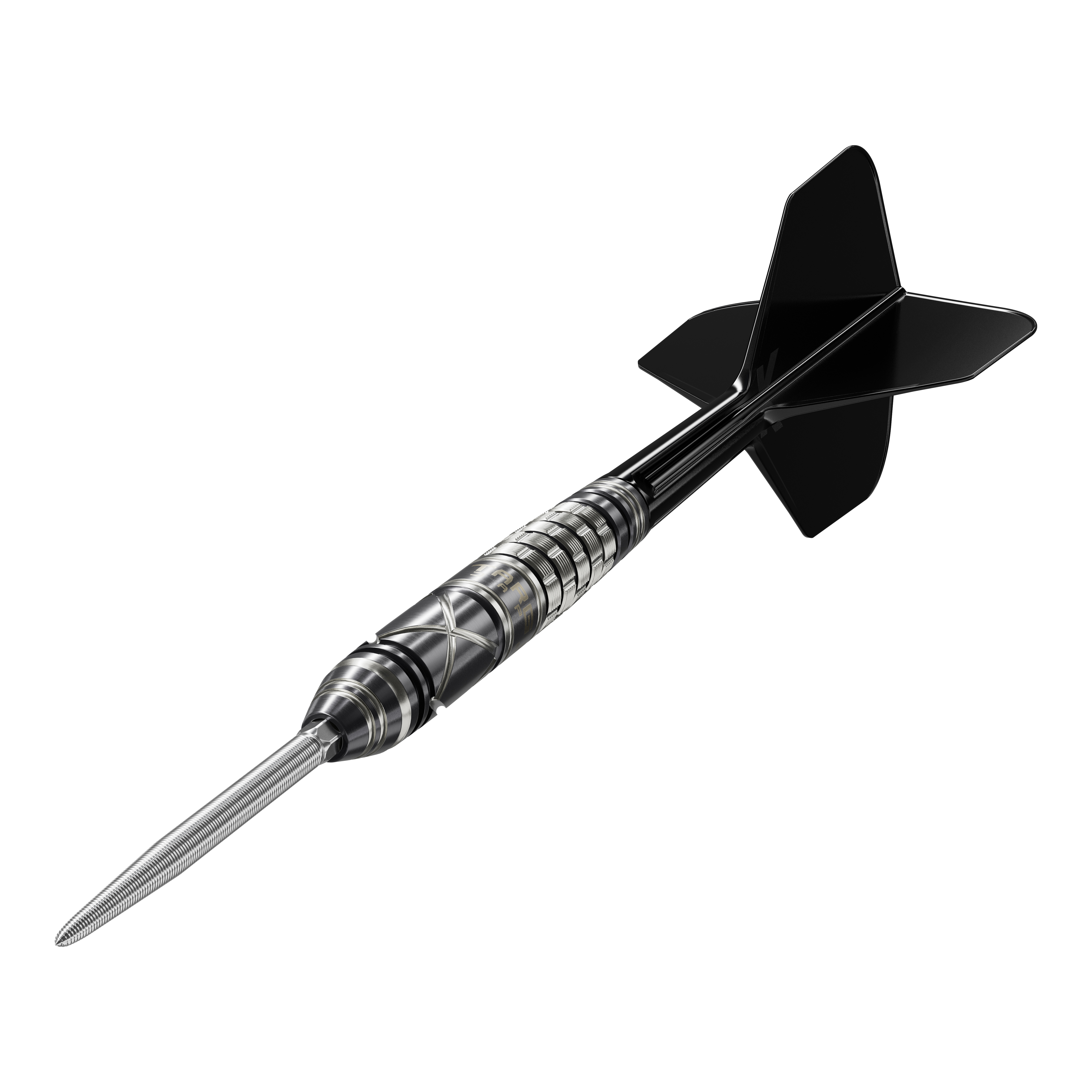 Target Japan Black Marque Chaos 2 SP Steeldarts Das Bild zeigt einen Target Japan Black Marque Chaos 2 SP Steeldart. Der Dart hat ein elegantes, schwarzes Design mit präzisen Rillen am Griff.