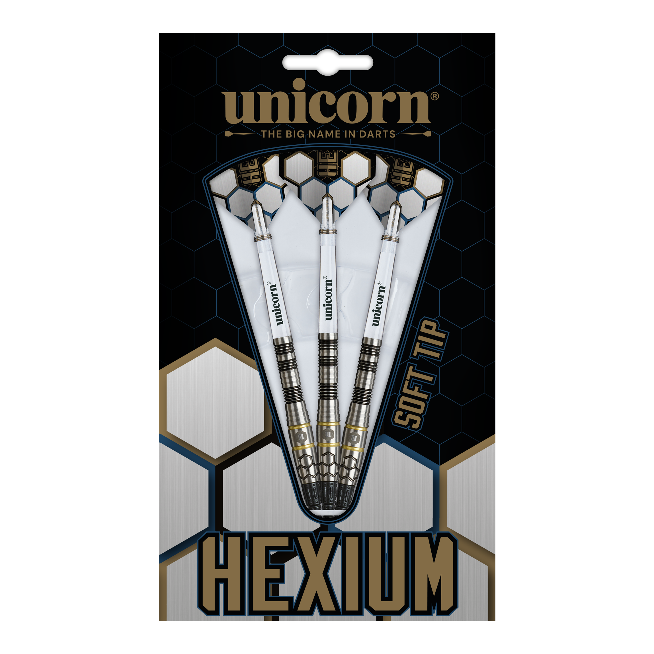 Abgebildet sind Unicorn Hexium Style 01 Black & Gold Softdarts mit 22 Gramm. Diese Softdarts haben ein auffälliges Schwarz-Gold-Design.