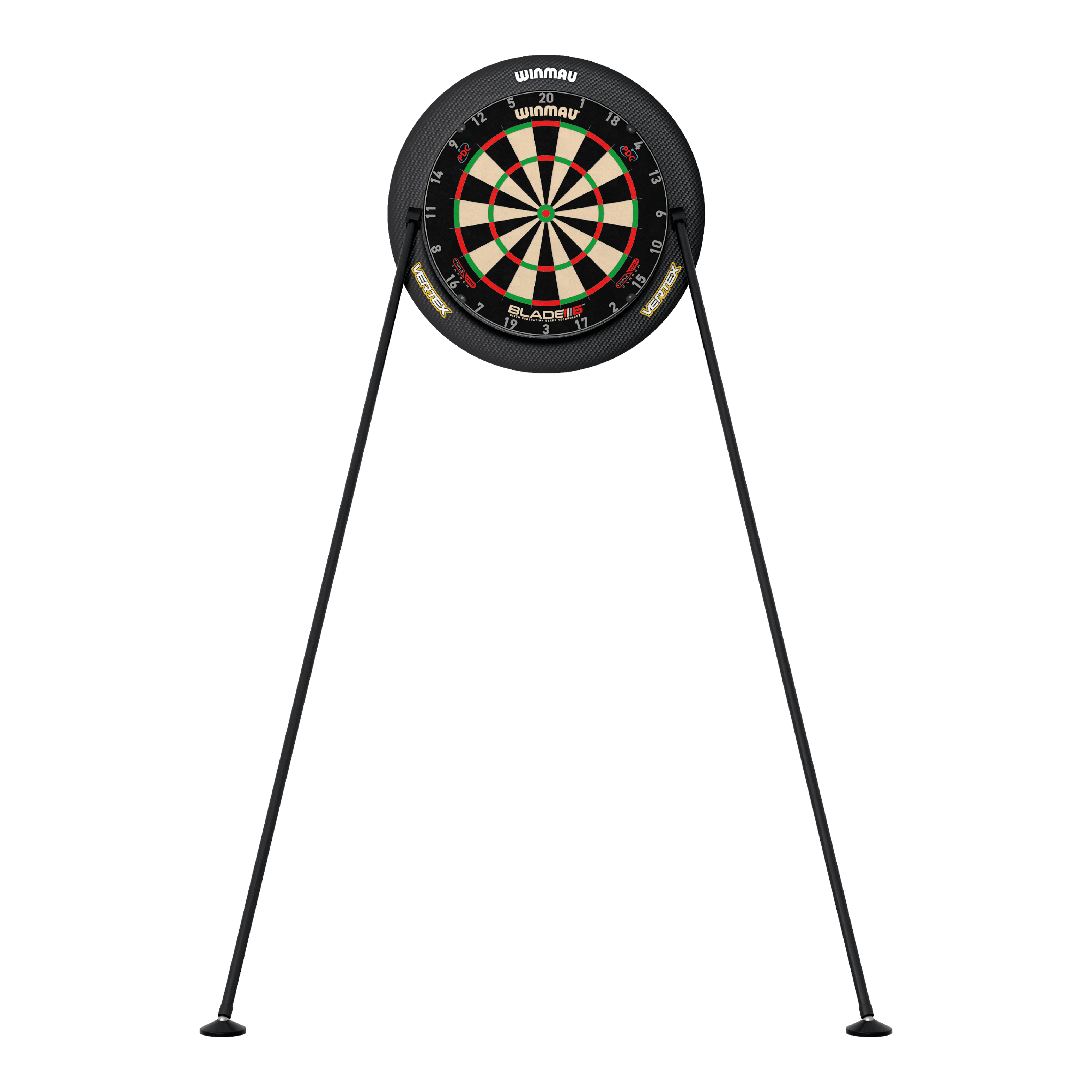 Das Bild zeigt den Winmau Vertex Dartboard Ständer mit einem Dartboard darauf. Der Ständer hat drei lange, weiße Beine und steht stabil auf dem Boden.