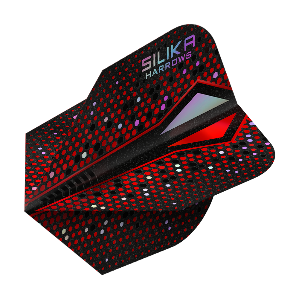 Harrows Silika Colourshift Tough Crystalline Coating Red-X No6 Flights Das Bild zeigt das Produkt "Harrows Silika Colourshift Tough Crystalline Coating Red-X No6 Flights". Die Dart-Flights sind überwiegend schwarz mit roten und bunten Punkten und haben einen modernen, glänzenden Look.