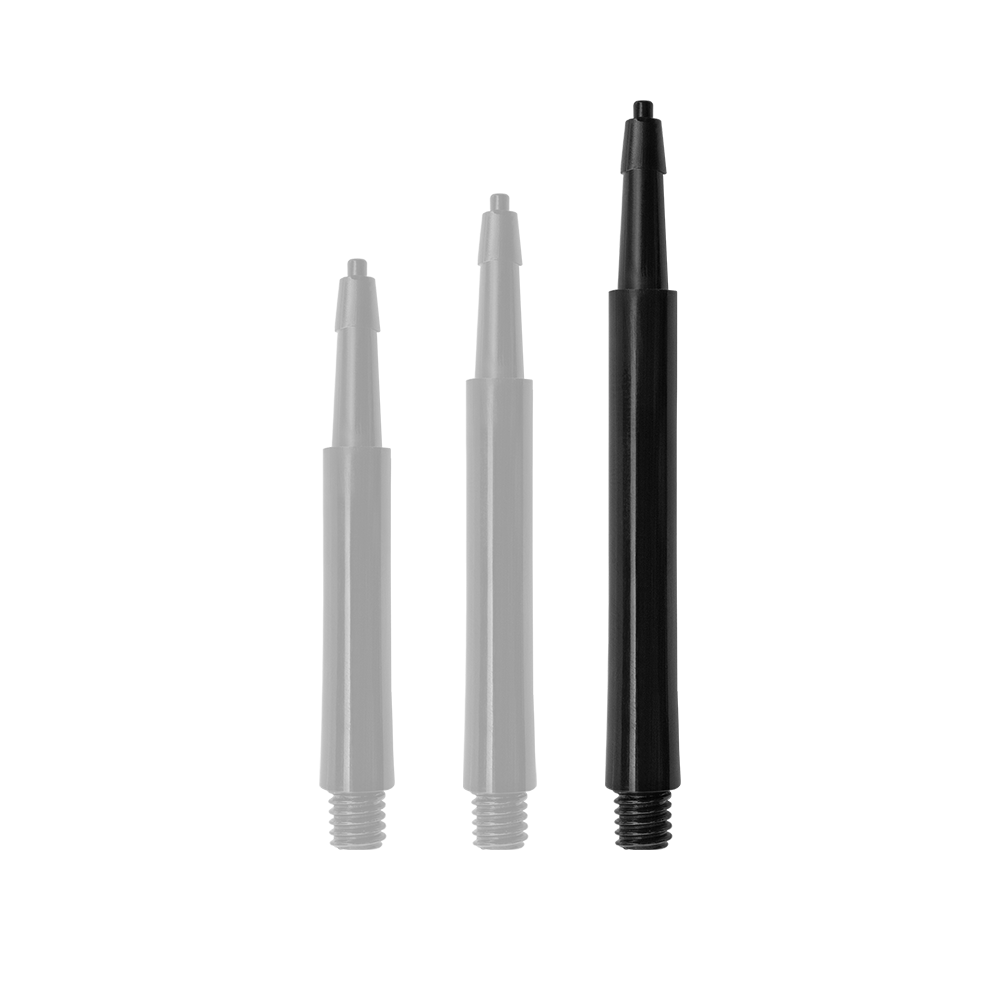 HRC12619_Harrows_Clic_Standard_Shafts_Schwarz_37mm_1QaDcgvy5x2bFt Das Bild zeigt drei schwarze Harrows Clic Standard Shafts in unterschiedlicher Länge. Sie sind als Zubehörteile für Dartpfeile gedacht.