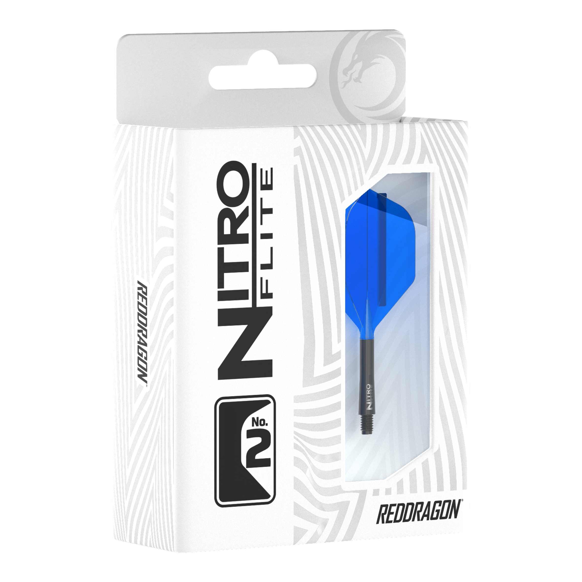 Die Verpackung zeigt das Produkt "Red Dragon Nitroflite - Black Shaft Blue No2 Flights". Im Sichtfenster ist ein blauer Dart-Flügel mit schwarzem Schaft zu sehen.
