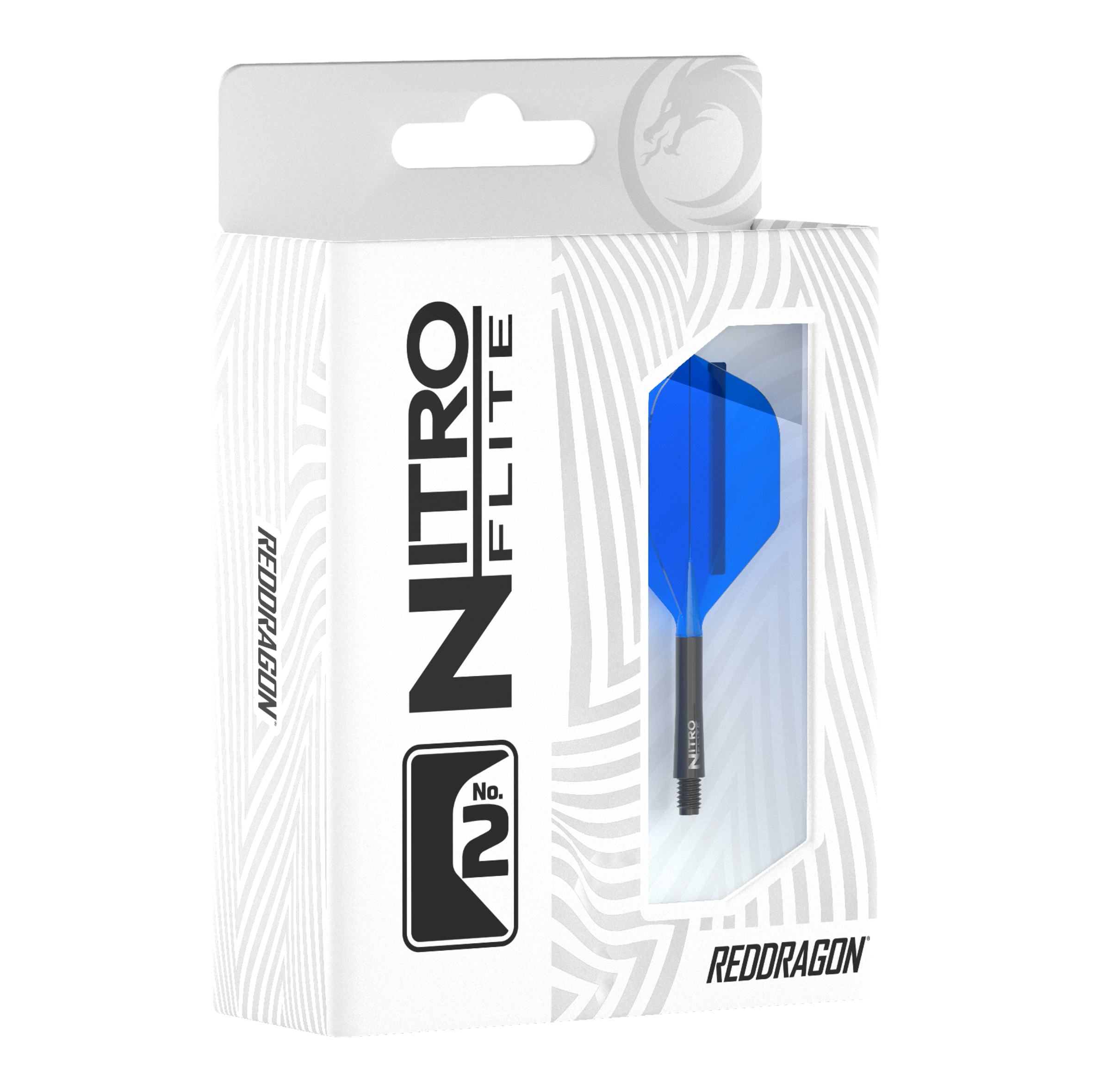 Red Dragon Nitroflite - Black Shaft Blue No2 Flights Die Verpackung zeigt das Produkt "Red Dragon Nitroflite - Black Shaft Blue No2 Flights". Im Sichtfenster ist ein blauer Dart-Flügel mit schwarzem Schaft zu sehen.