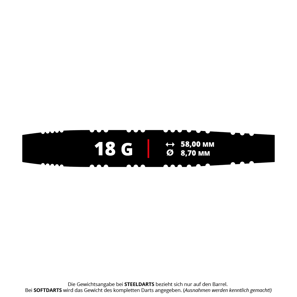 Mission Javan Brass Softdarts - 18g Das Bild zeigt den Mission Javan Brass Softdart mit einem Gewicht von 18 Gramm. Die Abmessungen des Darts sind 58,00 mm Länge und 8,70 mm Durchmesser.