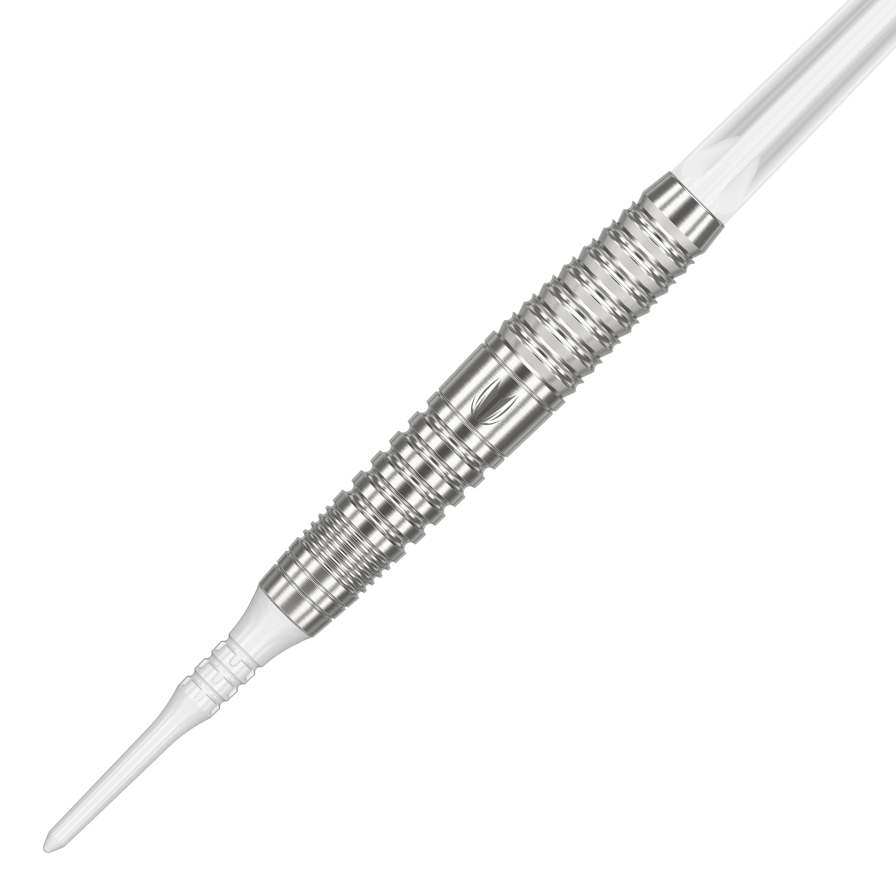 Target Japan Crux Courage Softdarts - 19g Das Bild zeigt einen silbernen Softdart aus der Serie 'Target Japan Crux Courage' mit einem Gewicht von 19 Gramm. Der Dart hat eine strukturierte Griffzone und eine weiße Kunststoffspitze.