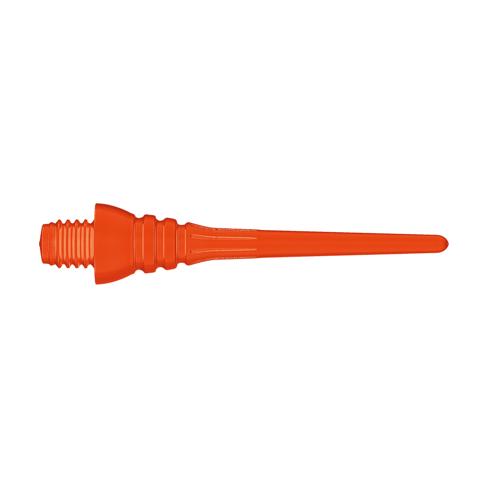 Das Bild zeigt eine orangefarbene Softdartspitze mit Gewinde. Sie ist für den Einsatz bei elektronischen Dartscheiben geeignet.