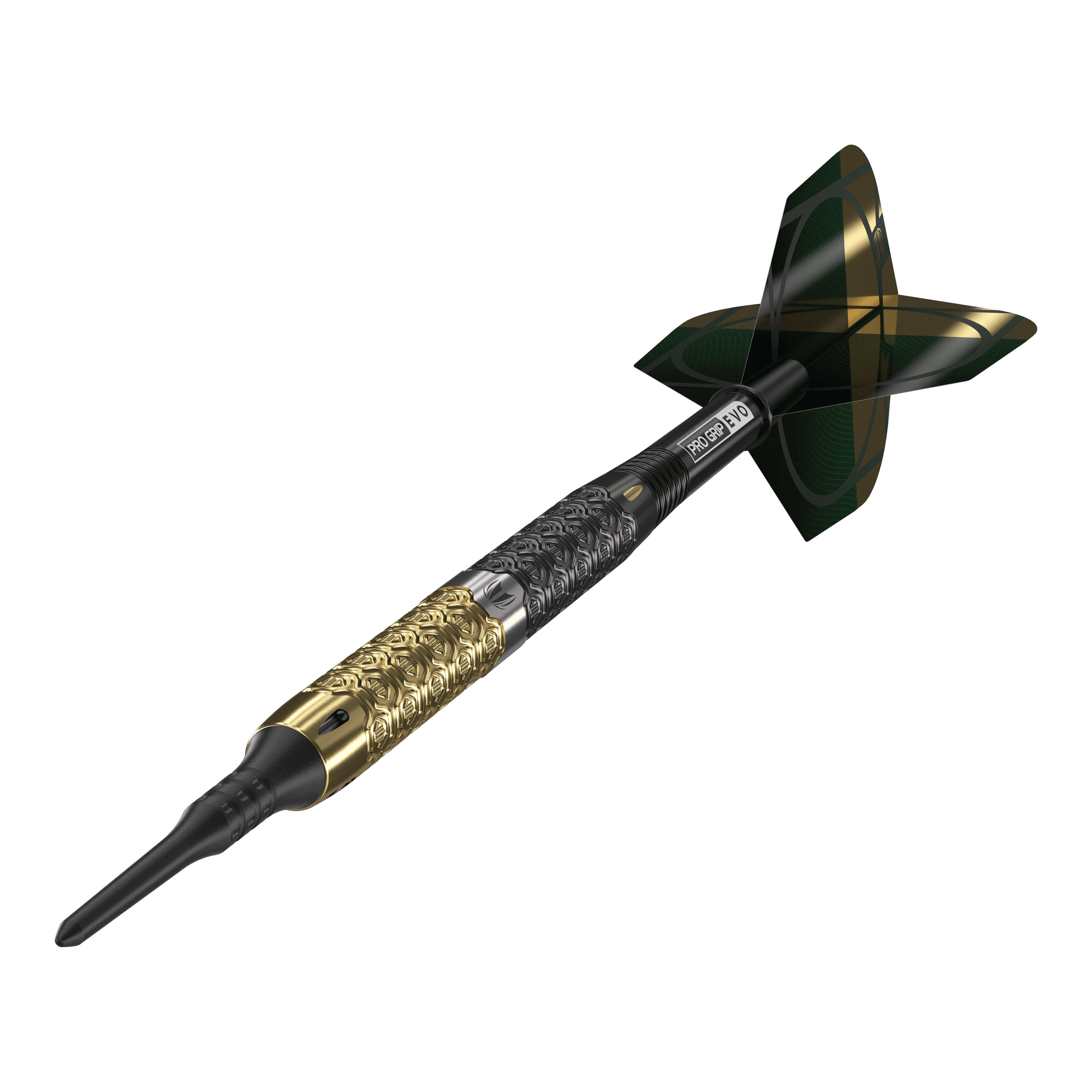 Das Bild zeigt einen Softdart mit dem Namen "Target Cult Envy 10 Softdarts". Der Dart hat ein auffälliges, strukturiertes Design in Schwarz und Gold.