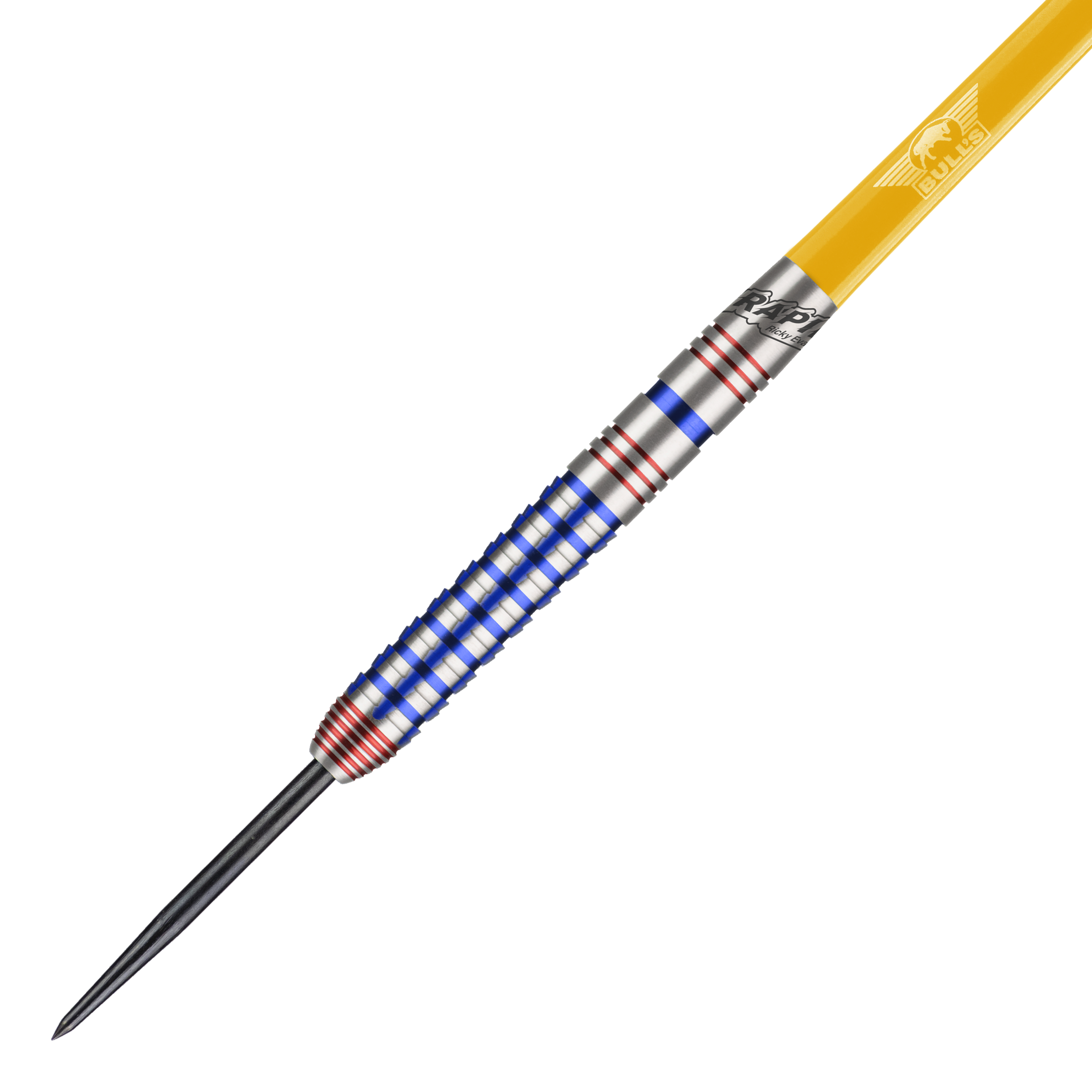 Bulls NL Ricky Evans Rapid Edition One Steeldarts Das Bild zeigt einen Steeldartpfeil aus der Serie "Bulls NL Ricky Evans Rapid Edition One". Der Dart ist silbern mit blauen und roten Ringen und hat einen gelben Schaft.