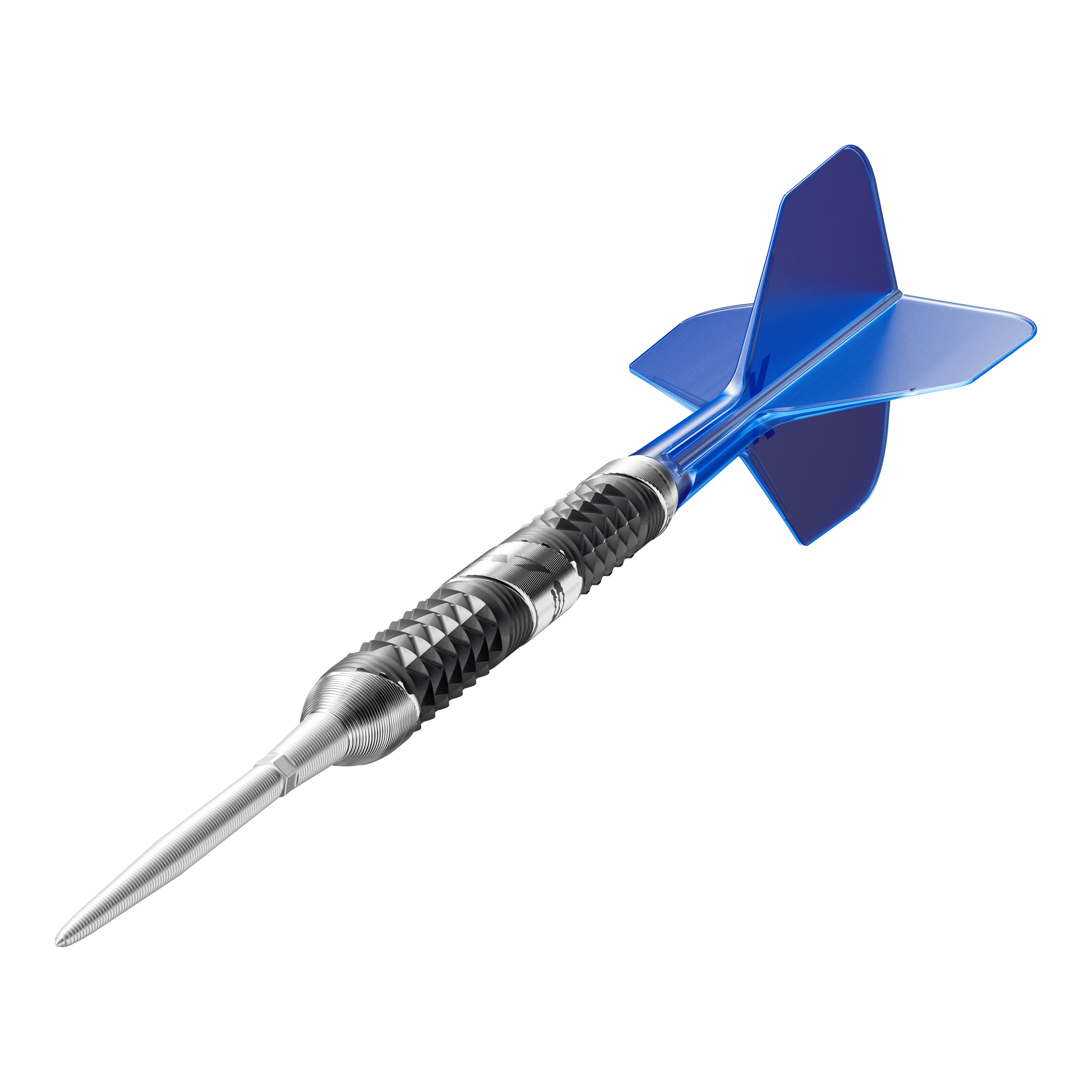 Dies ist ein moderner Dartpfeil mit einer silbernen Spitze und einem schwarzen, strukturierten Griff. Die Flügel am Ende sind leuchtend blau.