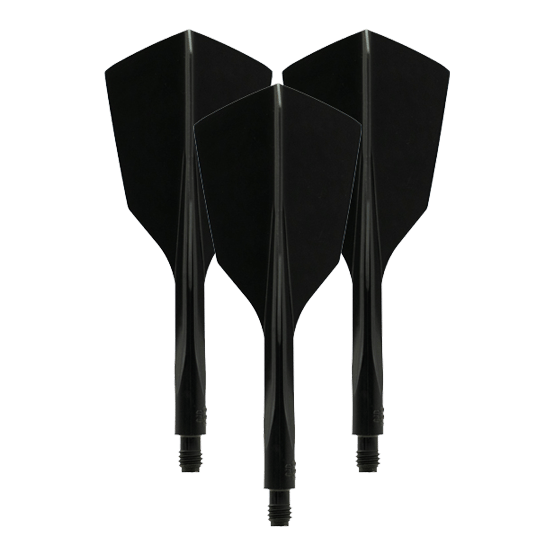 Das Bild zeigt drei schwarze, schmale Dartflights des Modells "Condor Axe 120 Flight-System". Sie sind nebeneinander mit der Spitze nach unten ausgerichtet.