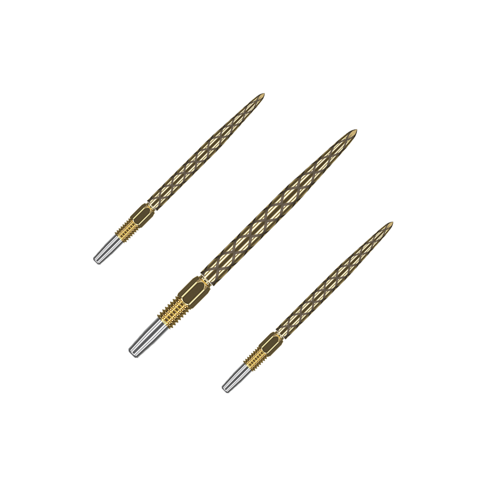 Target Swiss Diamond Pro Gold Dartspitzen Das Bild zeigt drei goldfarbene Dartspitzen mit einem rautenförmigen Muster. Sie liegen nebeneinander auf einem grünen Hintergrund.