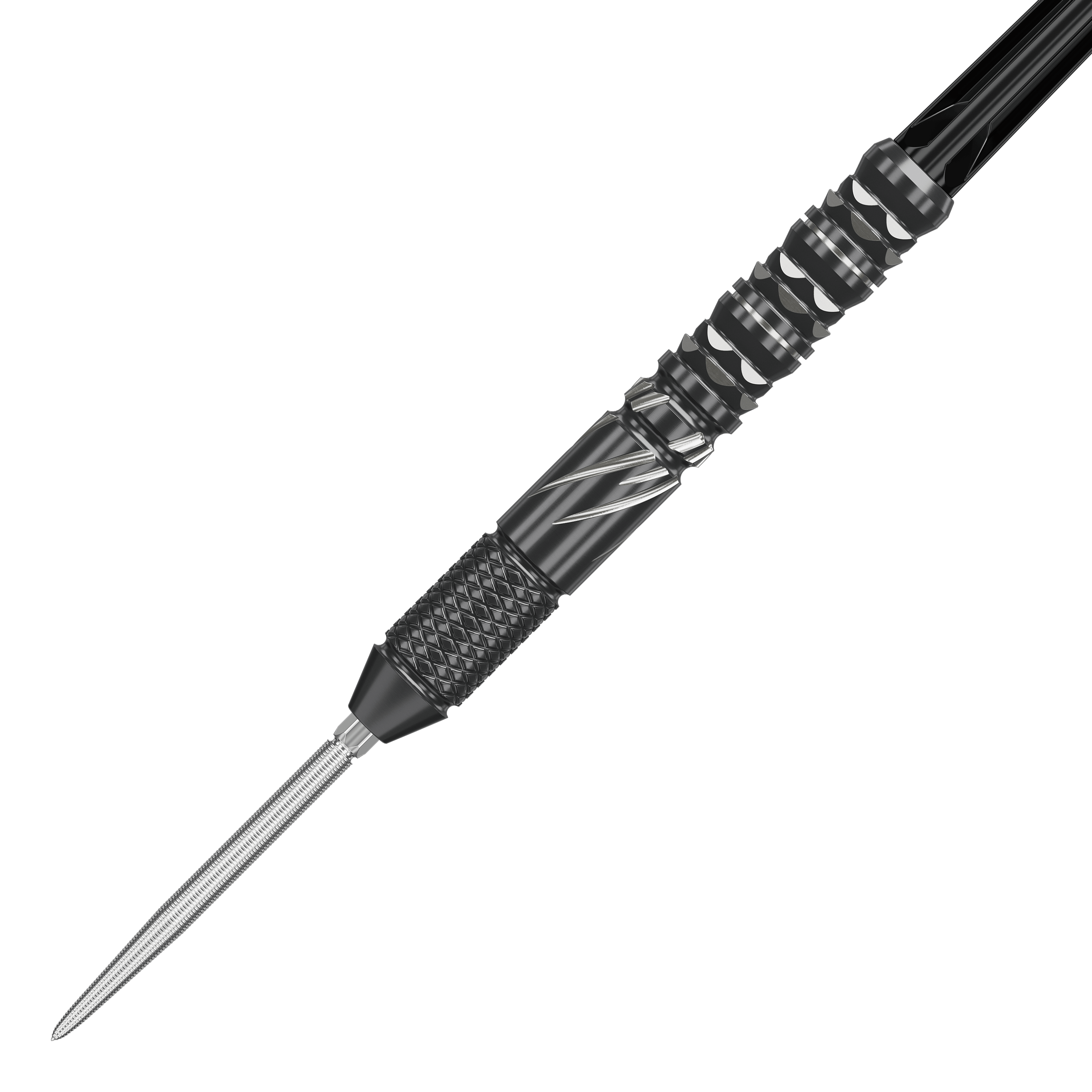 Dieses Bild zeigt den Target Japan Black Marque Draco Swiss Point Steeldart. Der Dart hat ein elegantes, schwarzes Design mit silbernen Akzenten und einer strukturierten Griffzone.