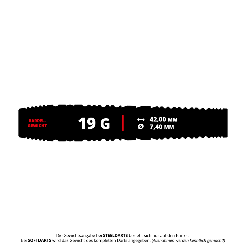 Target Japan Hot Shot GEN2 Softdarts - 19g Das Bild zeigt die Spezifikationen der Target Japan Hot Shot GEN2 Softdarts mit einem Gewicht von 19 Gramm. Die Länge beträgt 42,00 mm und der Durchmesser 7,40 mm.