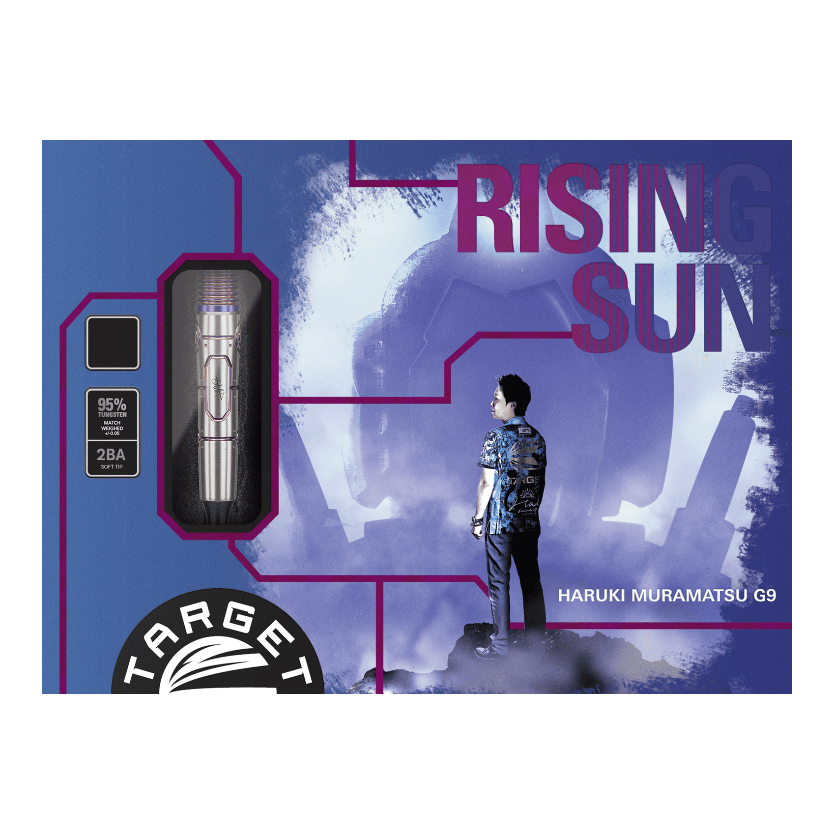 Auf dem Bild ist die Verpackung der "Target Japan Haruki Muramatsu Rising Sun GEN9 2BA Softdarts - 21,5g" zu sehen. Rechts steht eine Person und im Hintergrund ist ein großes, stilisiertes Design mit dem Text "Rising Sun".