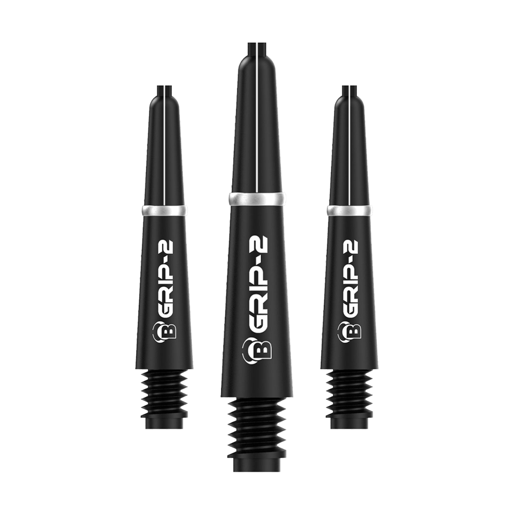 BS55081_Bulls_B-Grip-2_SL_Shafts_Schwarz_28mm_1 Das Bild zeigt drei schwarze Bulls B-Grip-2 SL Shafts für Dartpfeile. Sie sind schlank designt und haben weiße Schriftzüge auf der Vorderseite.