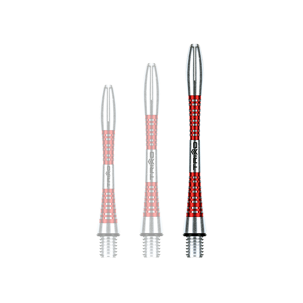 Das Bild zeigt drei unterschiedlich lange, rot-silberne Dartschäfte aus Aluminium. Sie stehen nebeneinander aufrecht auf einem grünen Hintergrund.