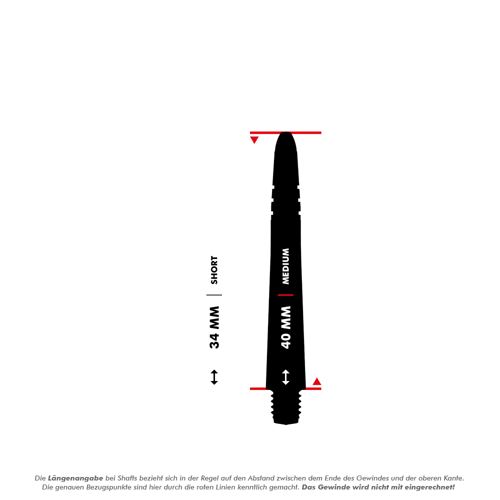7025_Winmau_Vecta_Blade6_Shafts_5_40mm Das Bild zeigt die Winmau Vecta Shafts - Blade 6 mit einer Längenangabe. Die Medium-Variante ist 40 mm lang, während die Short-Variante 34 mm misst.