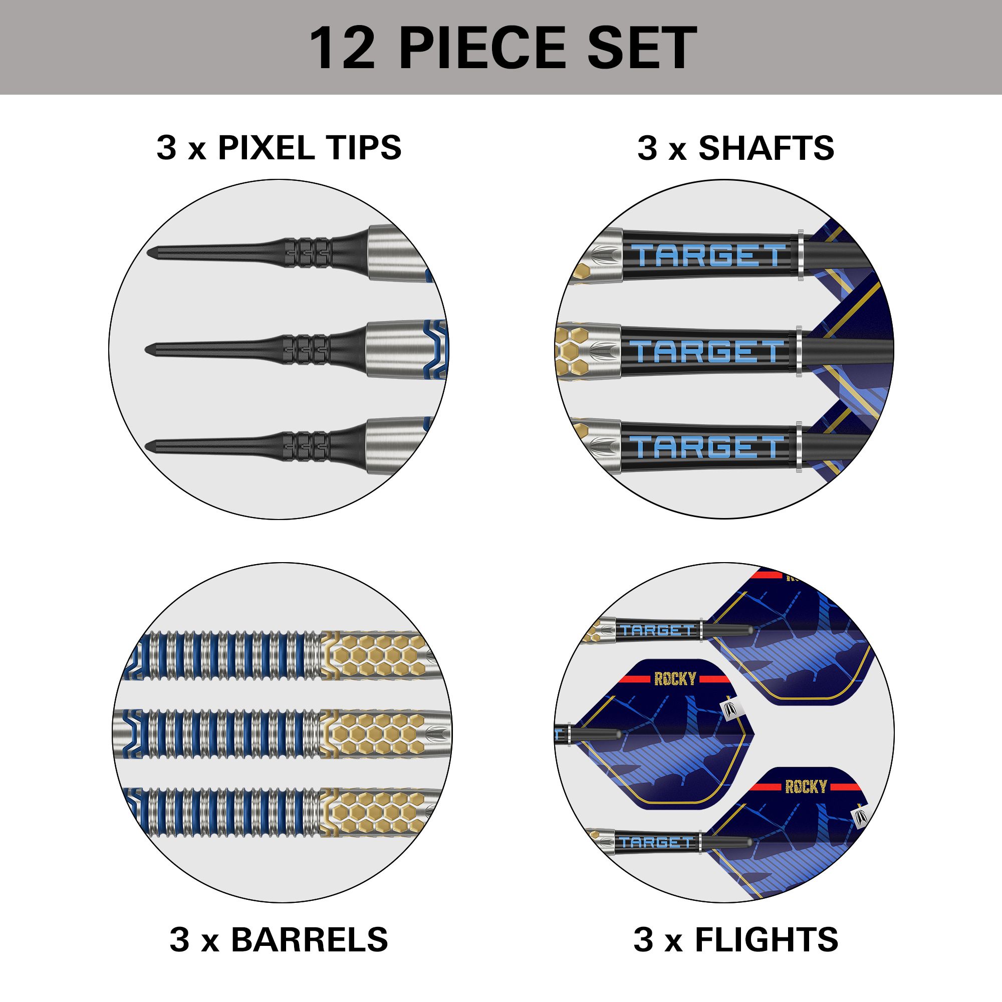 Target Josh Rock GEN1 Softdarts - 20g Dieses Bild zeigt das Produkt "Target Josh Rock GEN1 Softdarts - 20g" als 12-teiliges Set. Es enthält 3 Pixel-Spitzen, 3 Schäfte, 3 Barrels und 3 Flights.