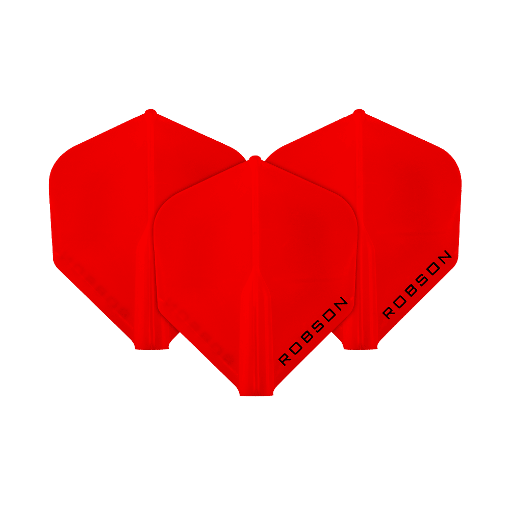 Das Bild zeigt drei rote Dart-Flights in Standardform. Auf jedem Flight steht das Wort "ROBSON" in schwarzer Schrift.